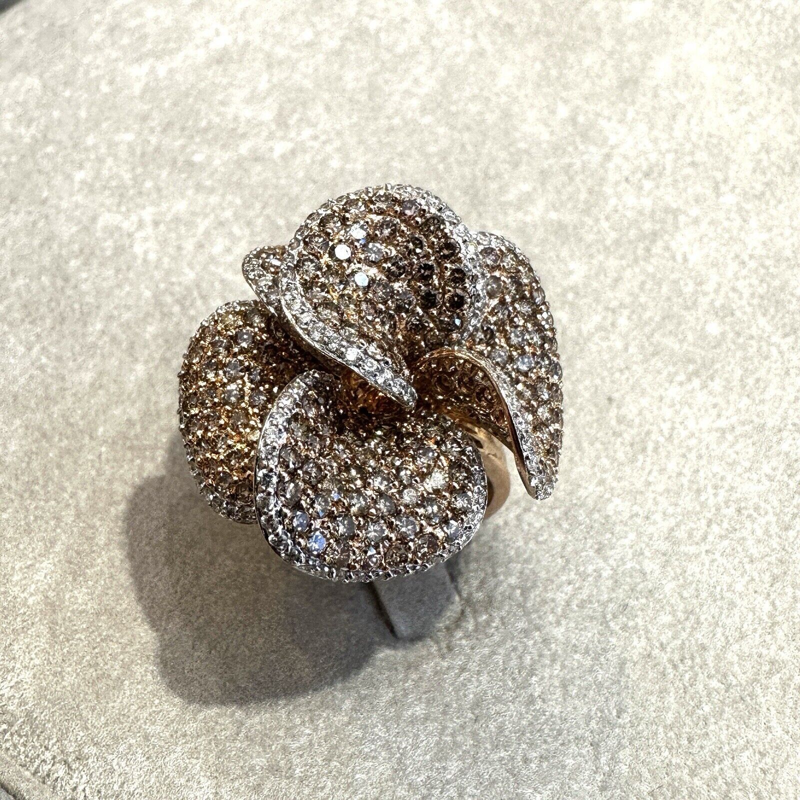 Brown and White Diamond Flower Petal Ring in 18k Rose Gold