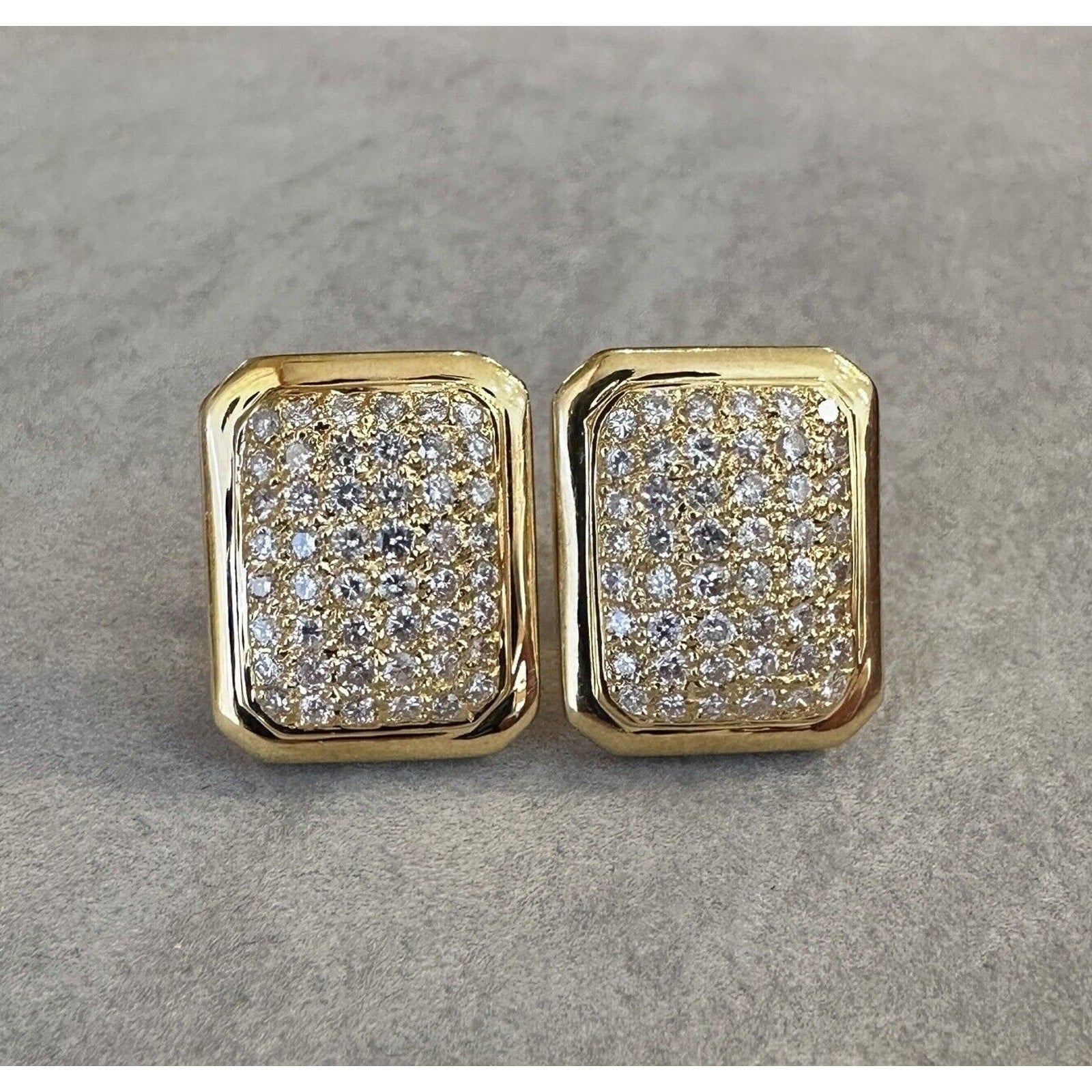 Pave Diamond Rectangular Button Earrings 1.74 cttw in 18k Yellow Gold