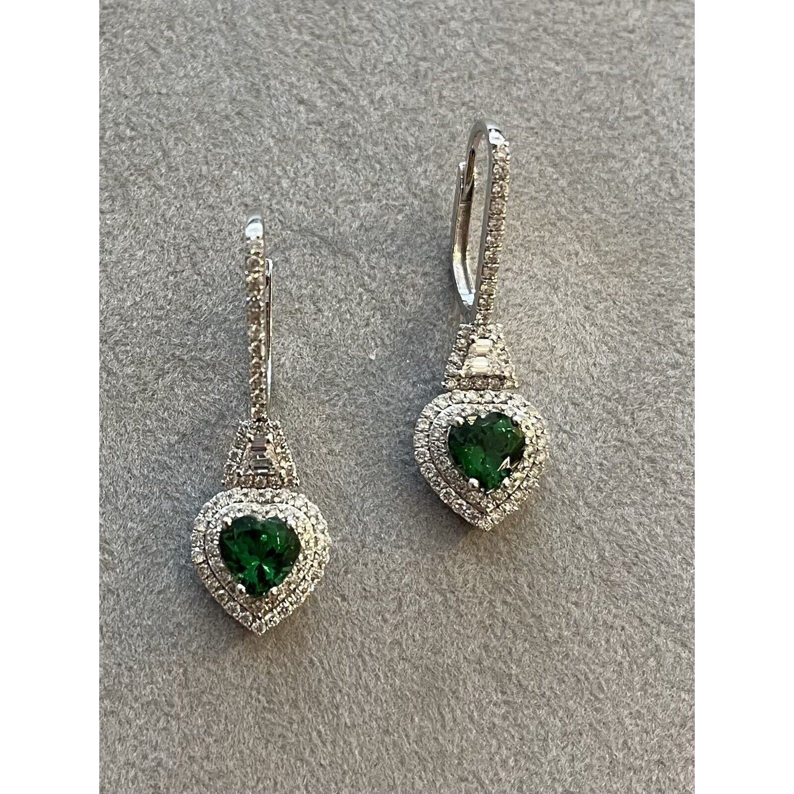 Tsavorite Garnet Hearts and Diamond Drop Earrings in 18k White Gold