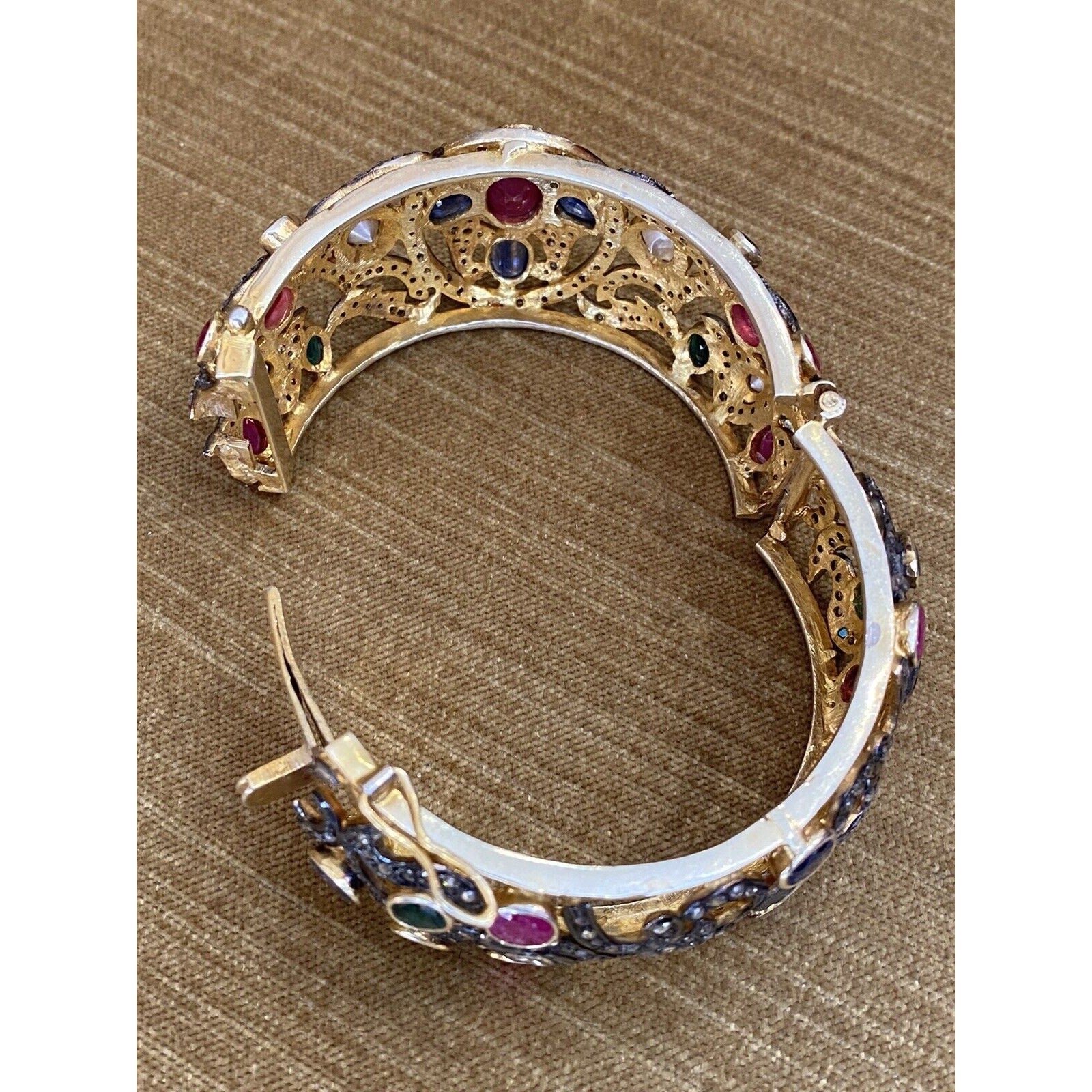 Vintage Multi Gems and Diamond Bangle Bracelet in 14k Gold and Silver