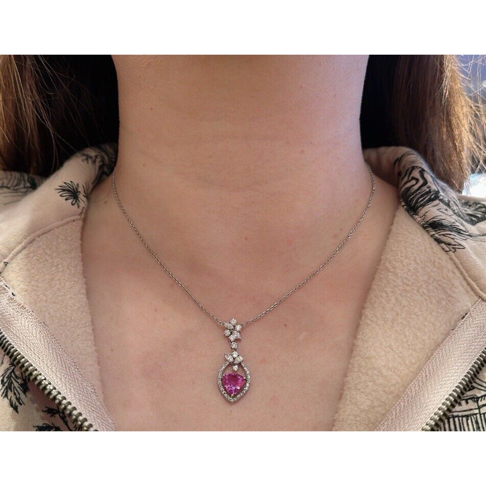 Certified Pink Sapphire and Diamond Pendant Necklace in 18k White Gold -HM2520AI