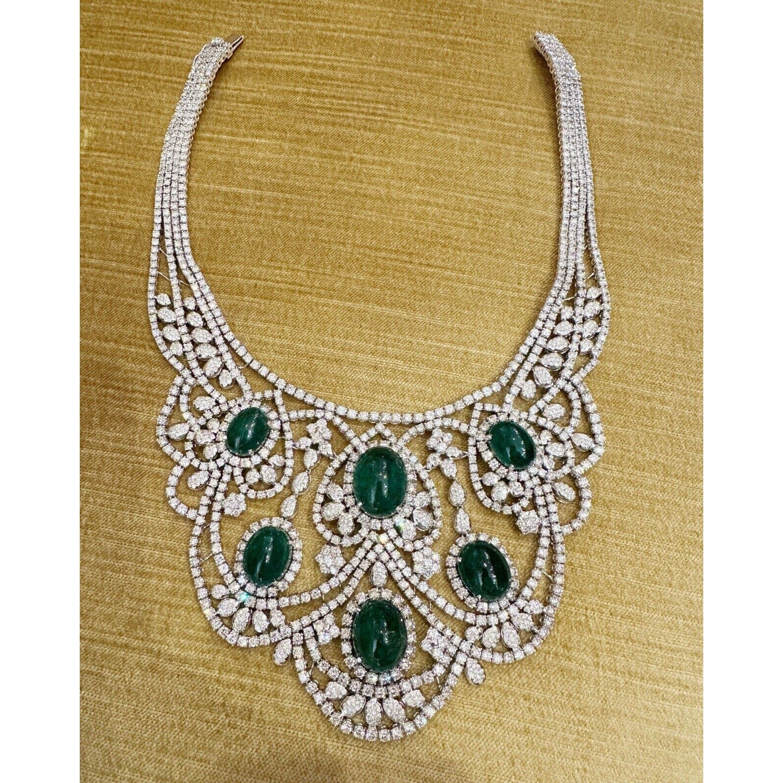 Diamond and Emerald Cabochon Bib Collar Necklace in 18k White Gold