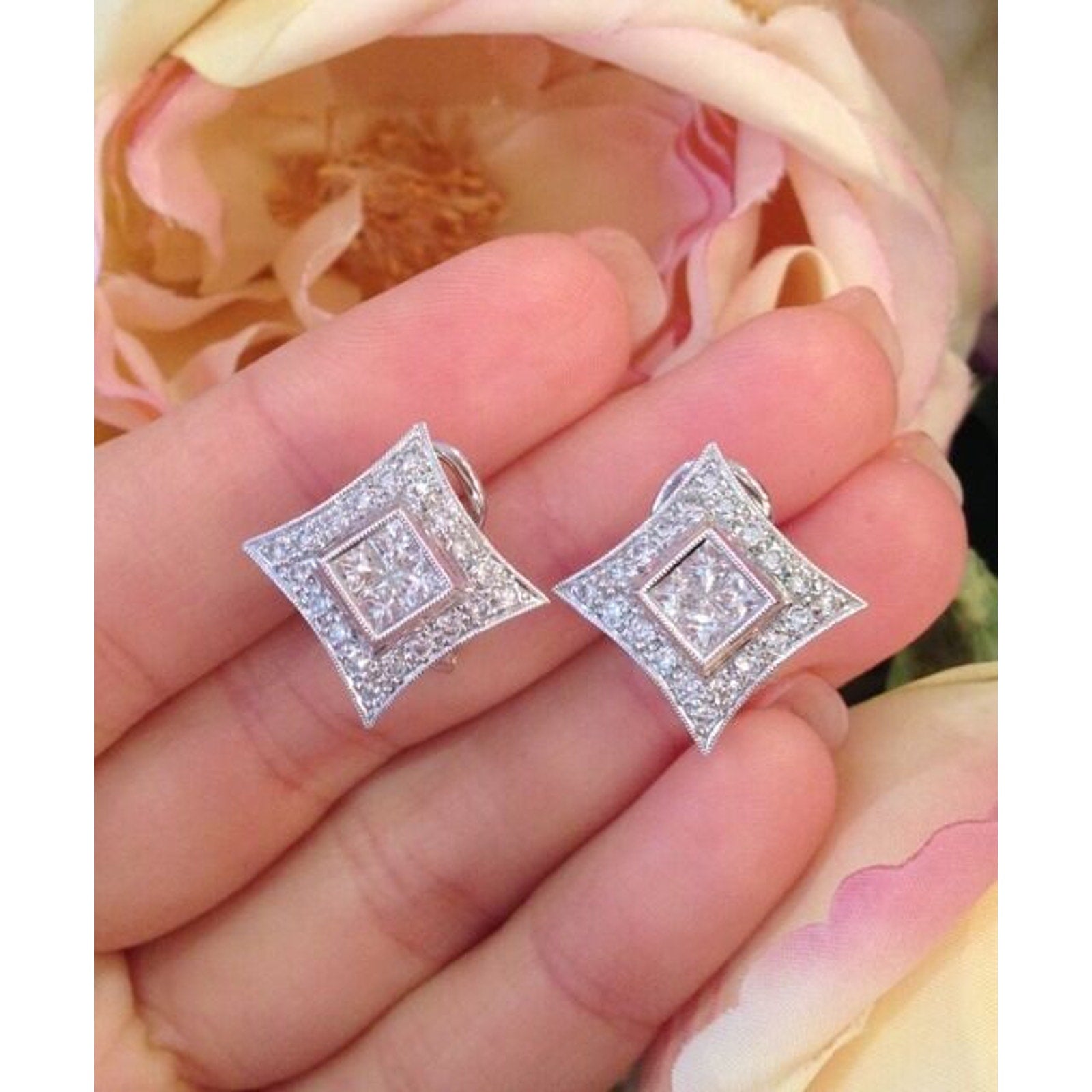 Pave and Invisible Set Diamond Earrings in 18k White Gold