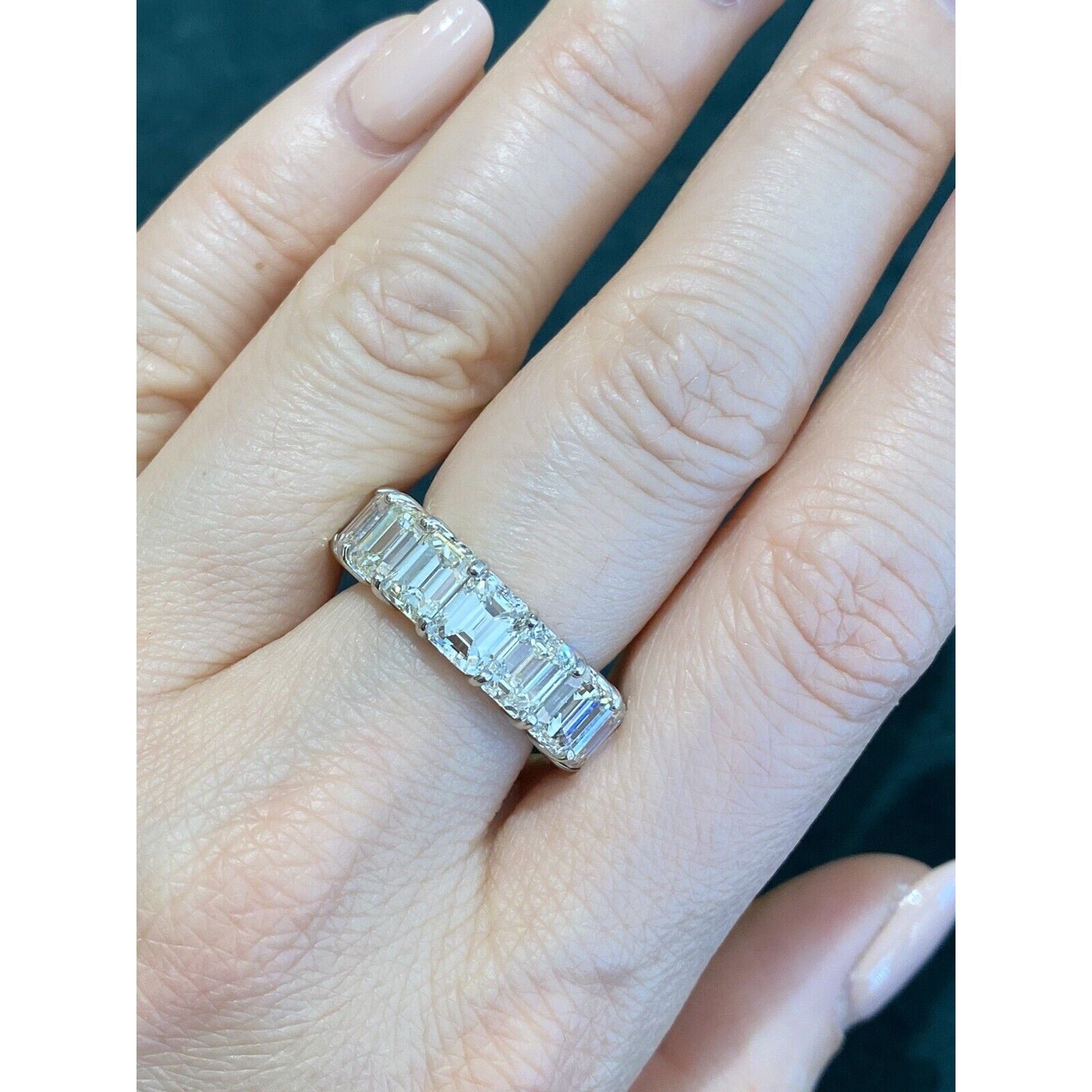 15.16 cts. Emerald Cut Diamond Eternity Band Ring in Platinum Size 6.5