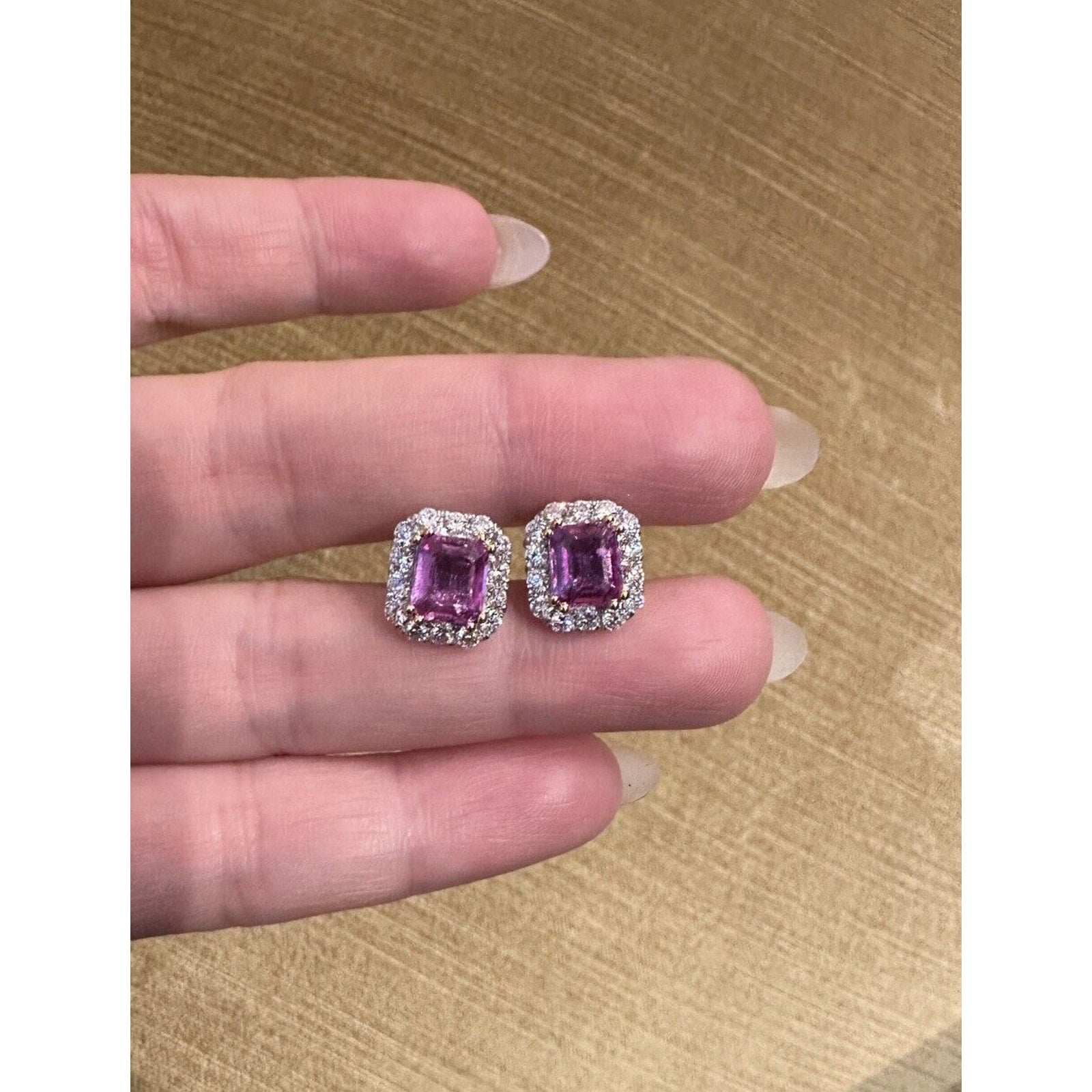 Pink Sapphire and Diamond Halo Earrings in 18k White Gold - HM2536SN