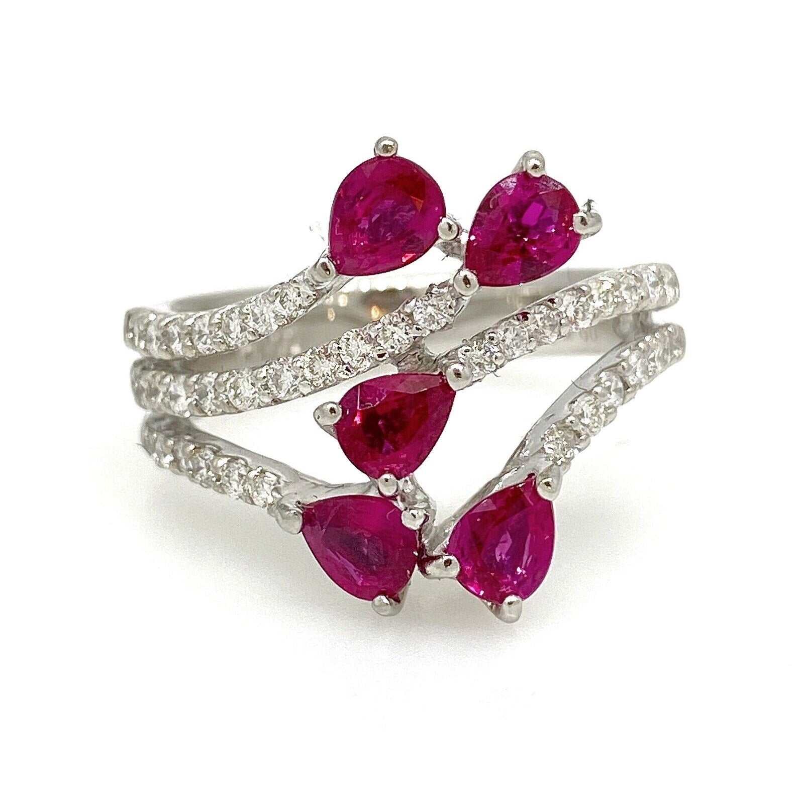 Ruby and Diamond Cluster Ring with Pear Shaped Rubies in Platinum