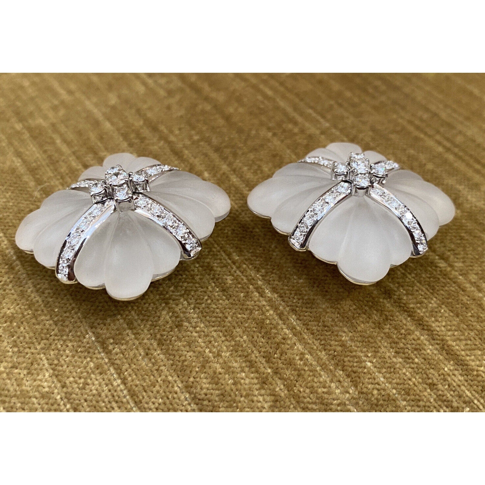 Large Carved Rock Crystal & Diamond Button Earrings in 18k White Gold- HM2401AA