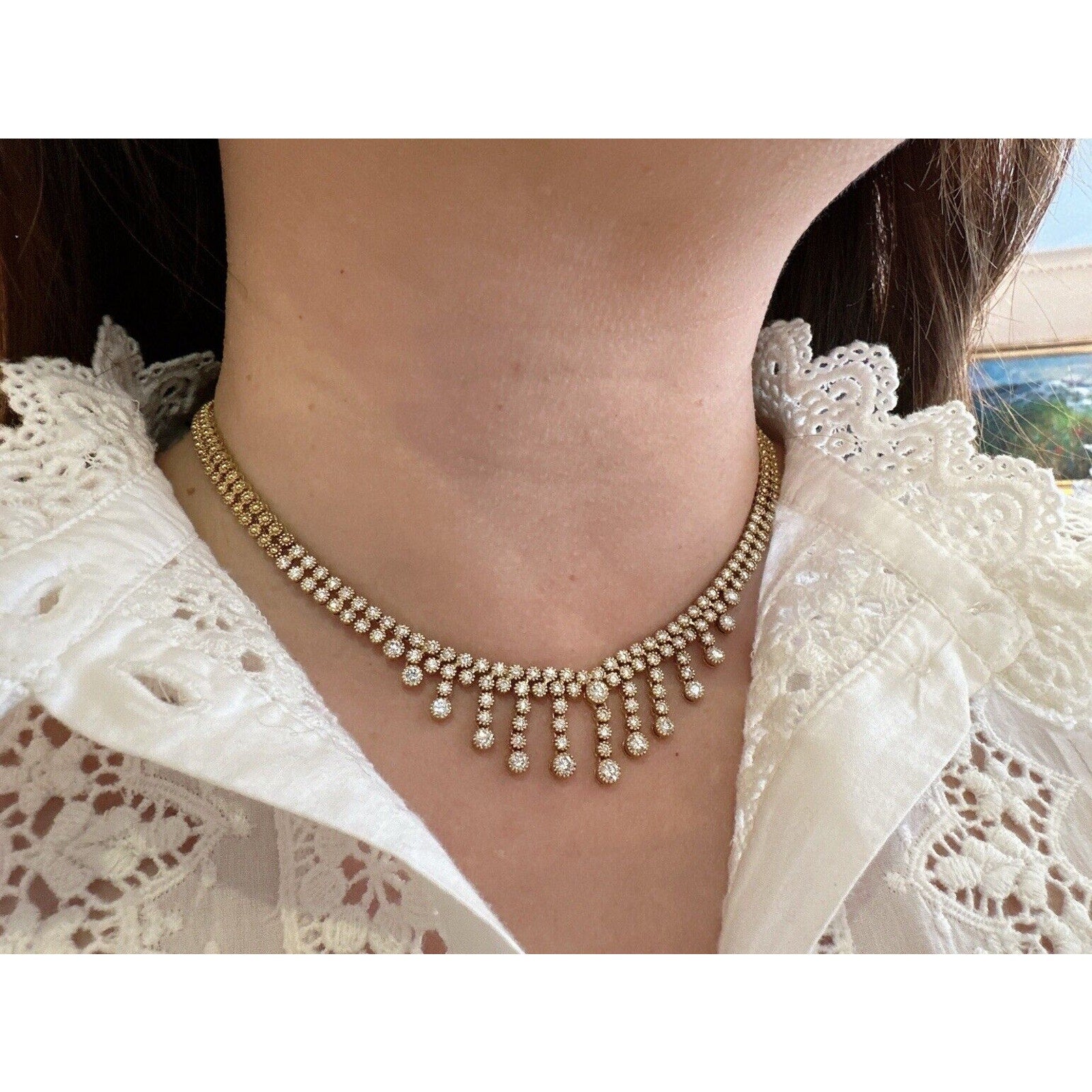 Diamond Choker Necklace with Diamond Dangles in 18k Yellow Gold