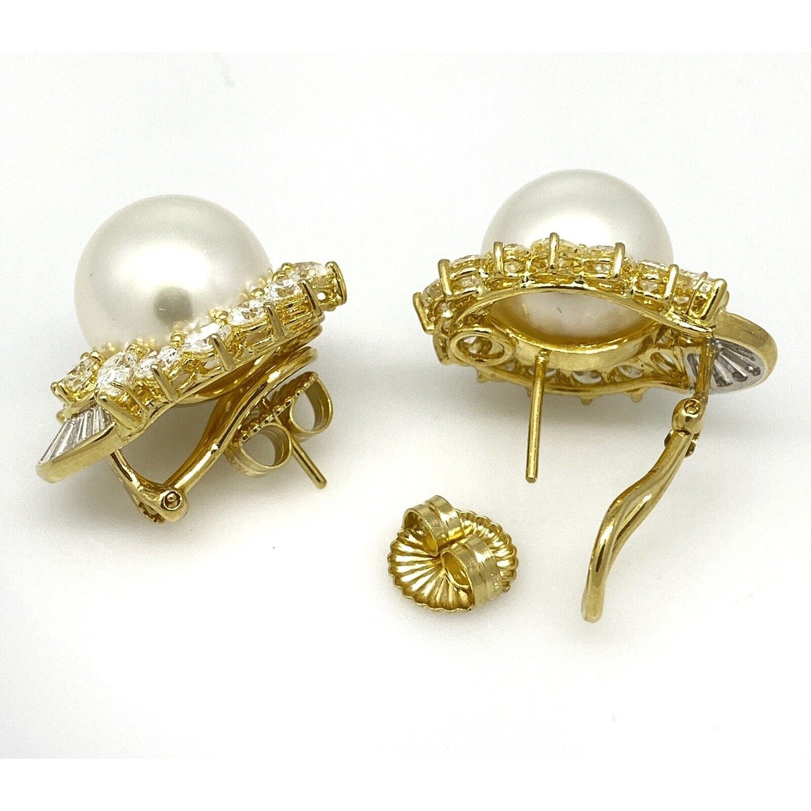 Large White South Sea Pearl and Diamond Earrings in 18k Yellow Gold