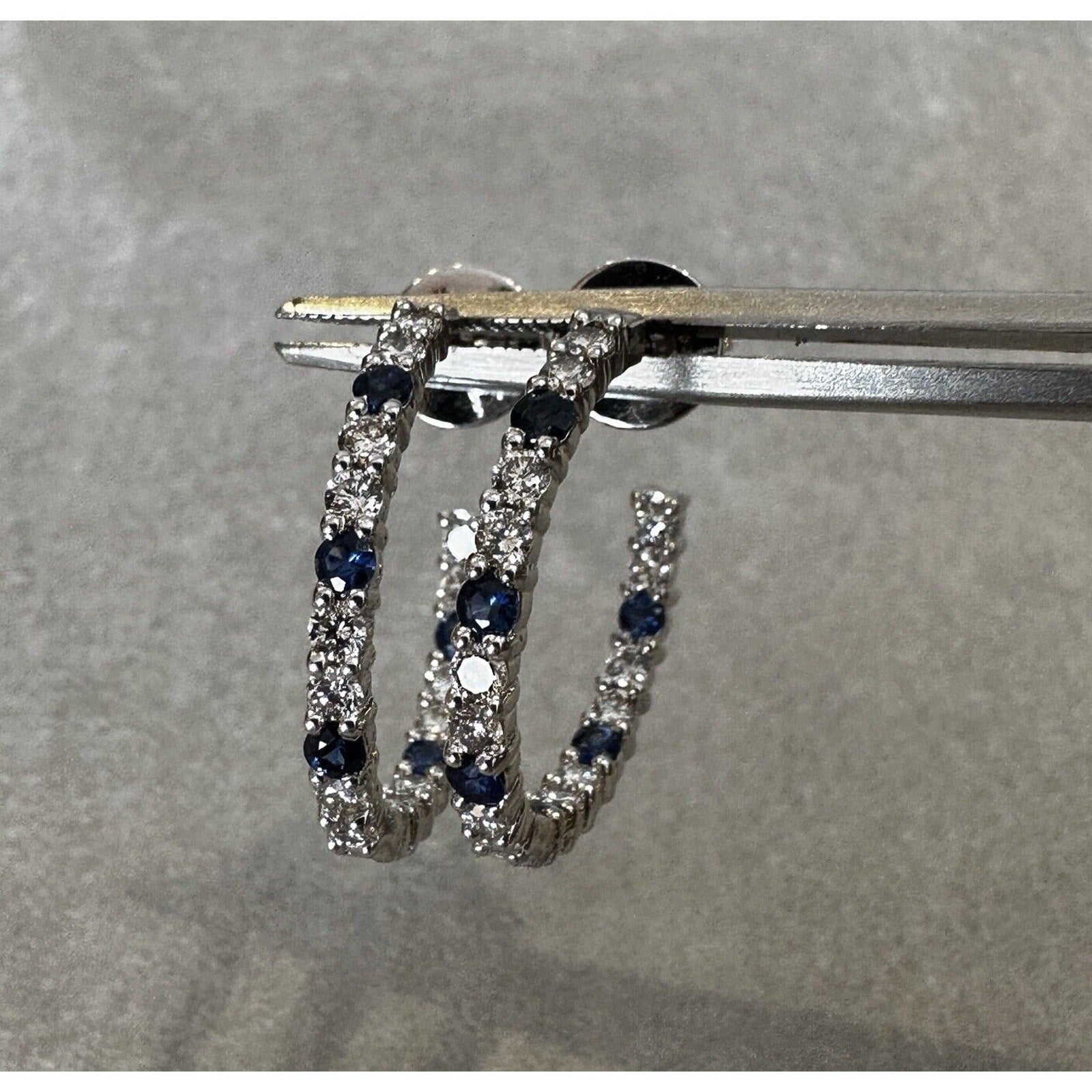 Sapphire and Diamond Single Row Hoop Earring in 18k White Gold