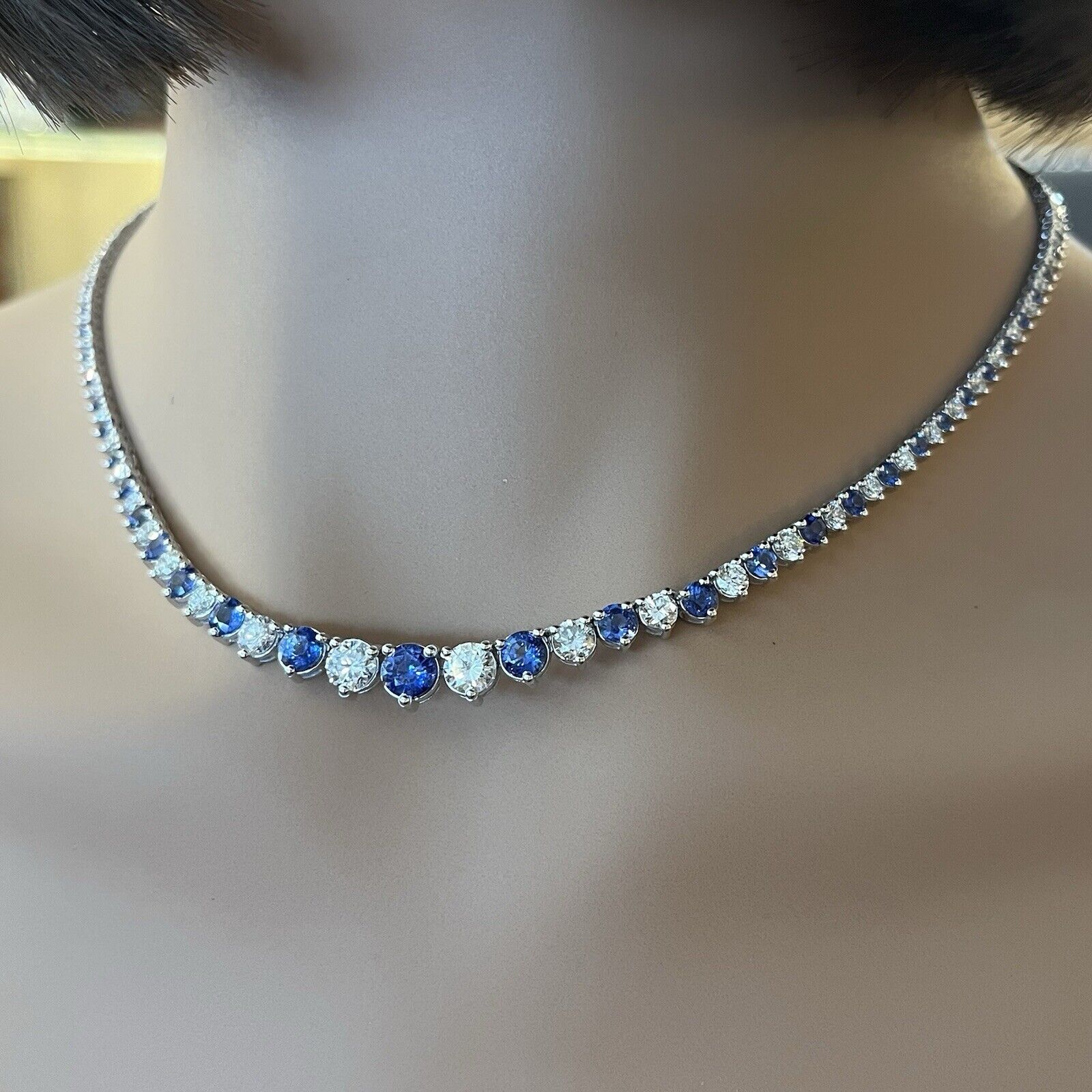 Sapphire & Diamond Riviera Tennis Necklace 17" in 18k White Gold