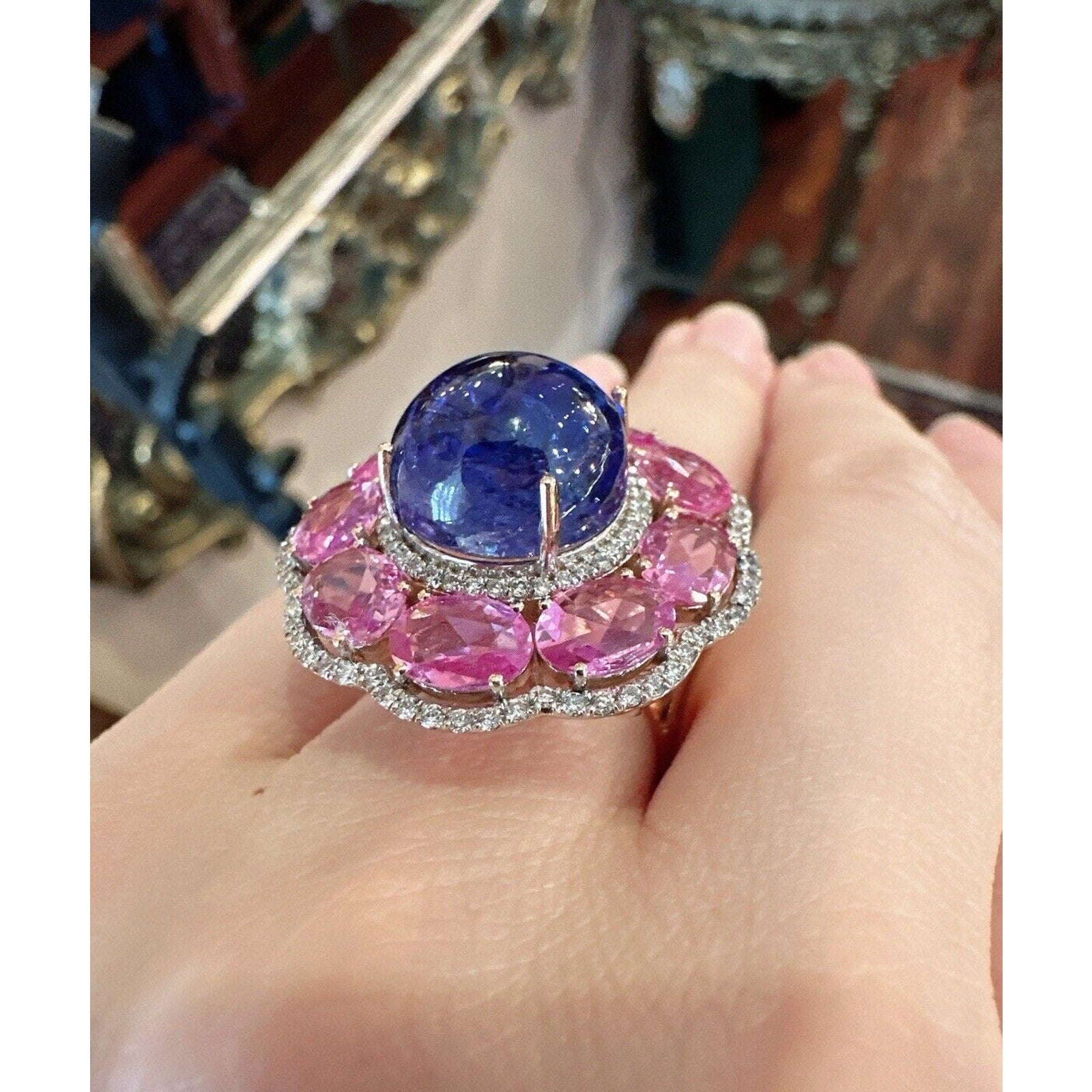 Tanzanite, Pink Sapphire & Diamond Cocktail Ring in 14k Rose Gold