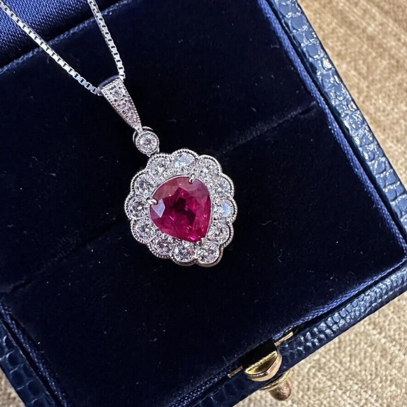 GIA Burma Ruby Pearshape Pendant Necklace w/ Round Diamonds in Platinum-HM2419BS