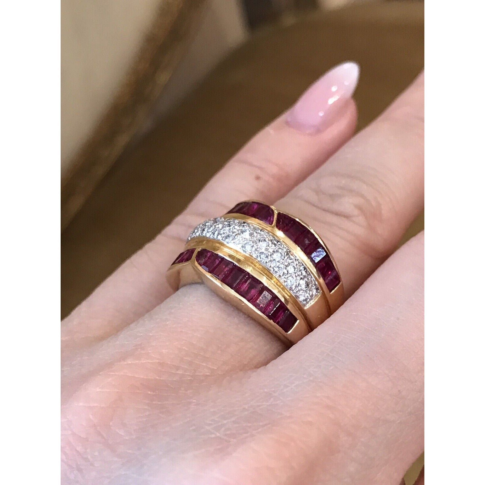 Ruby and Diamond Baguette Wide Band Cocktail Ring in 18k Yellow Gold