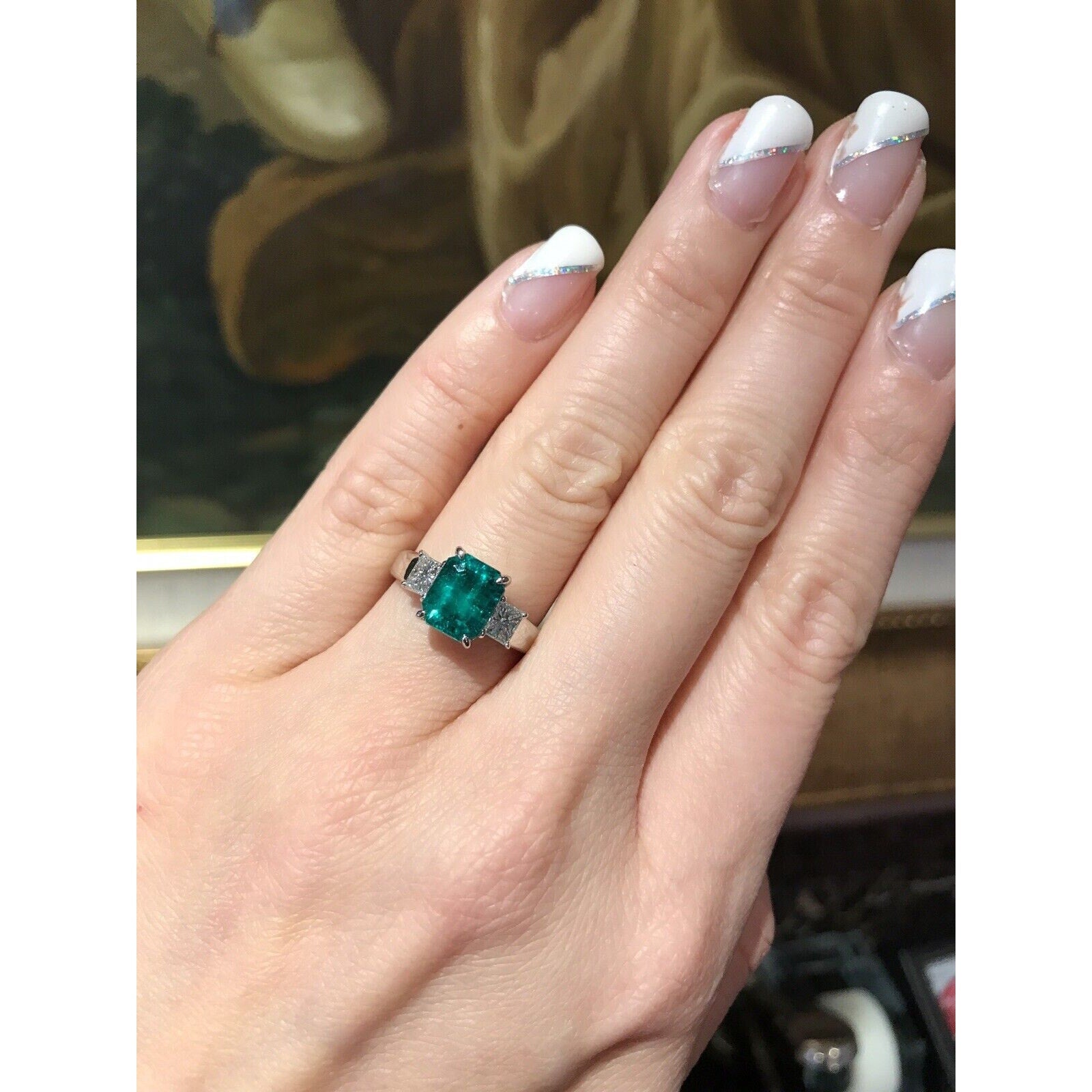 GIA 2.09ct Colombian Emerald Three-stone ring w/ Diamonds in Platinum