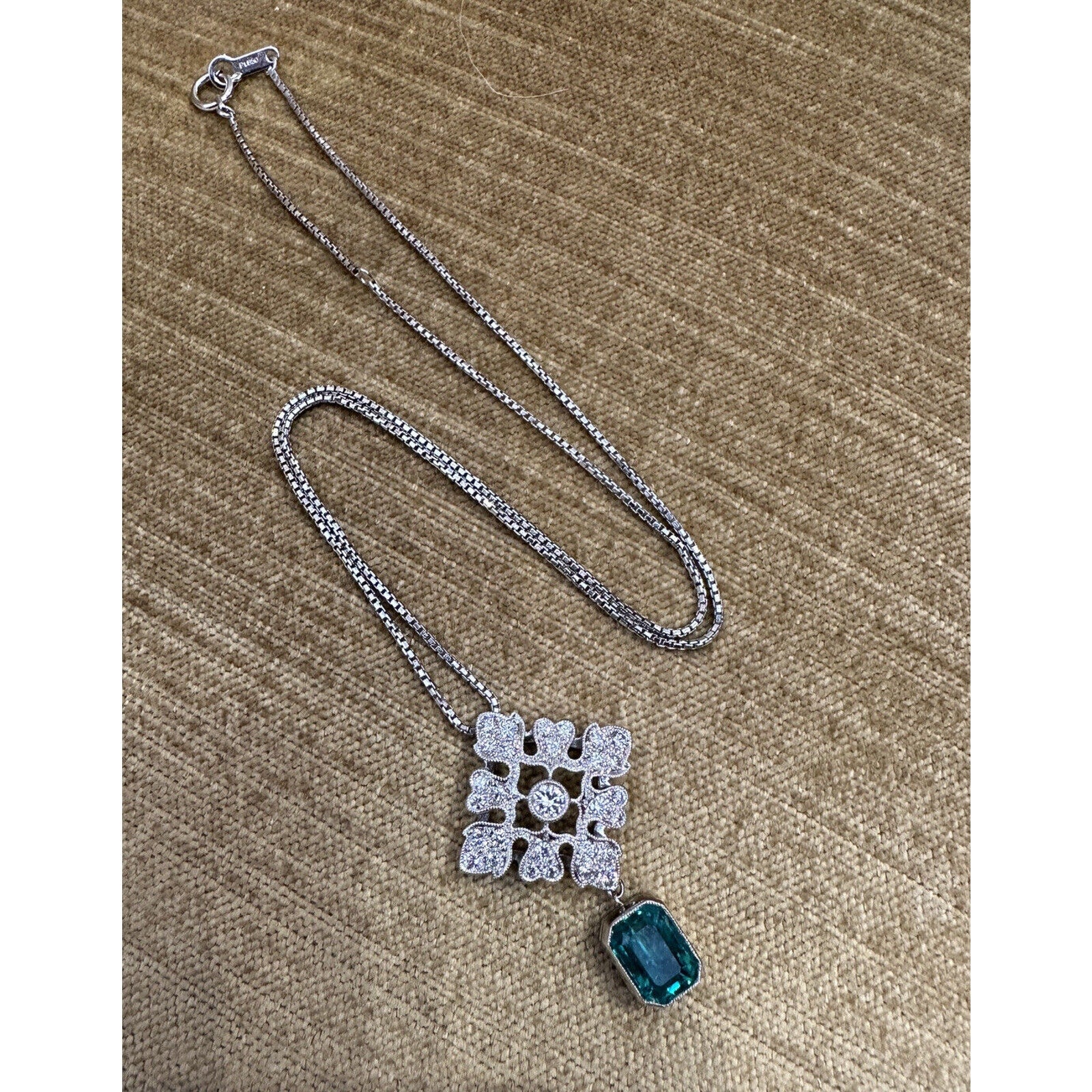Emerald Drop and Diamond Pendant Necklace in Platinum - HM2496AI