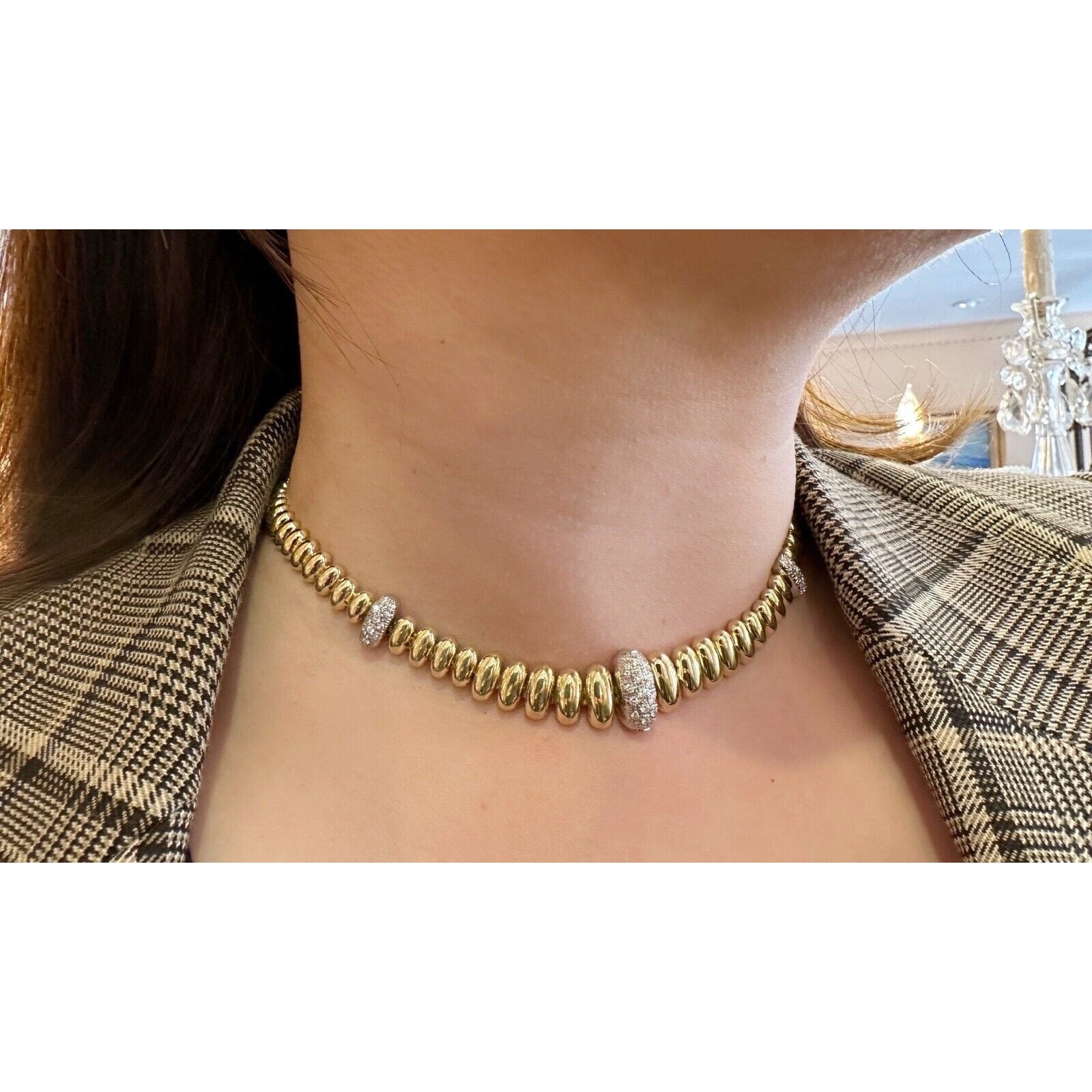 Oval Bead Link Choker Necklace with Diamond Links in 18k Yellow Gold-HM2557BV