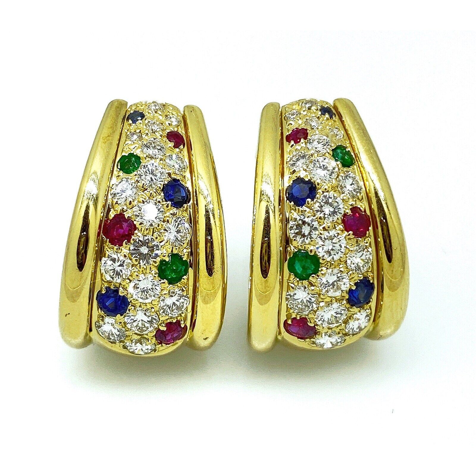 Diamond, Sapphire, Ruby, Emerald Half Hoop Earrings in 18k Yellow Gold