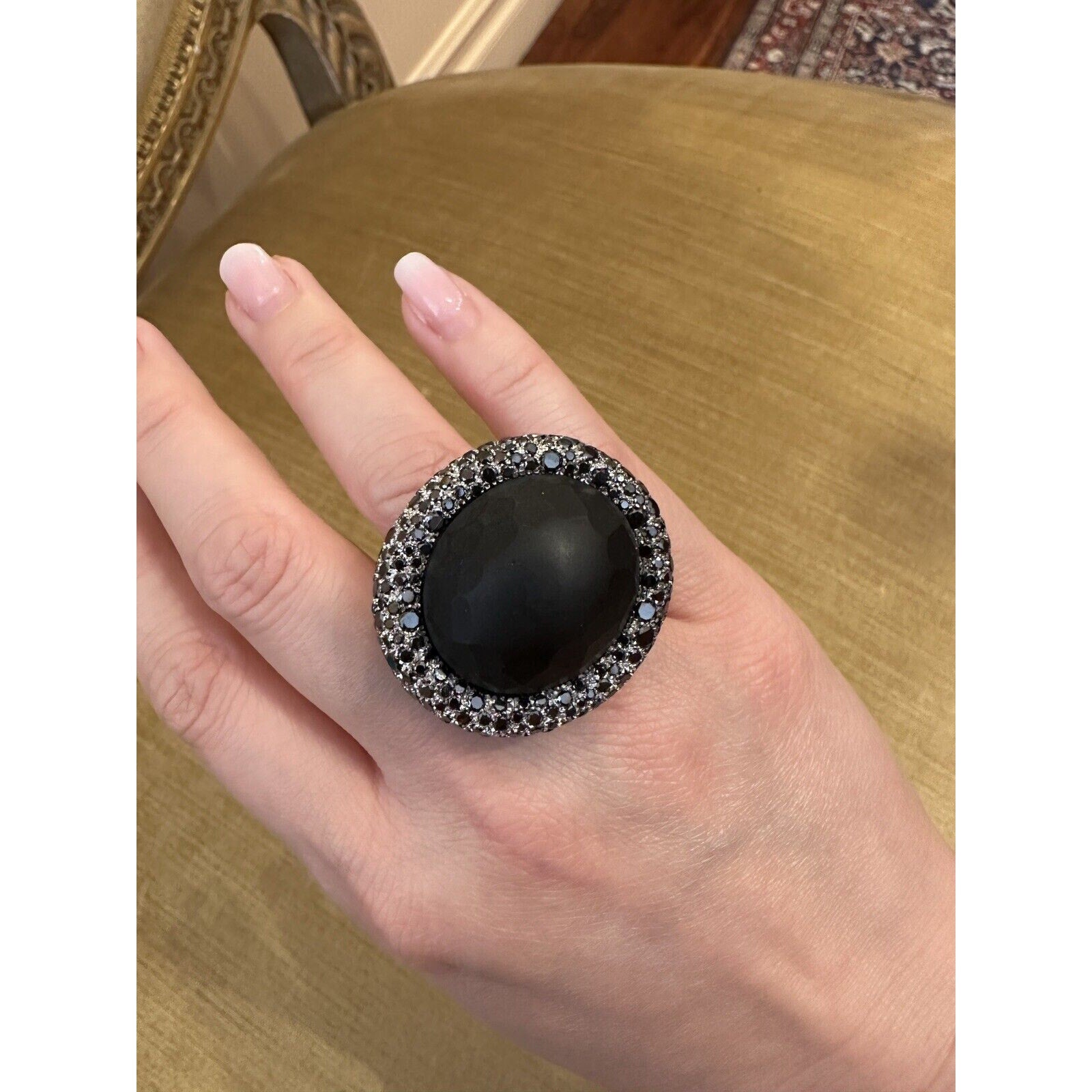Pave Black Diamond and Obsidian Statement Ring in 18k White Gold-HM1799EE