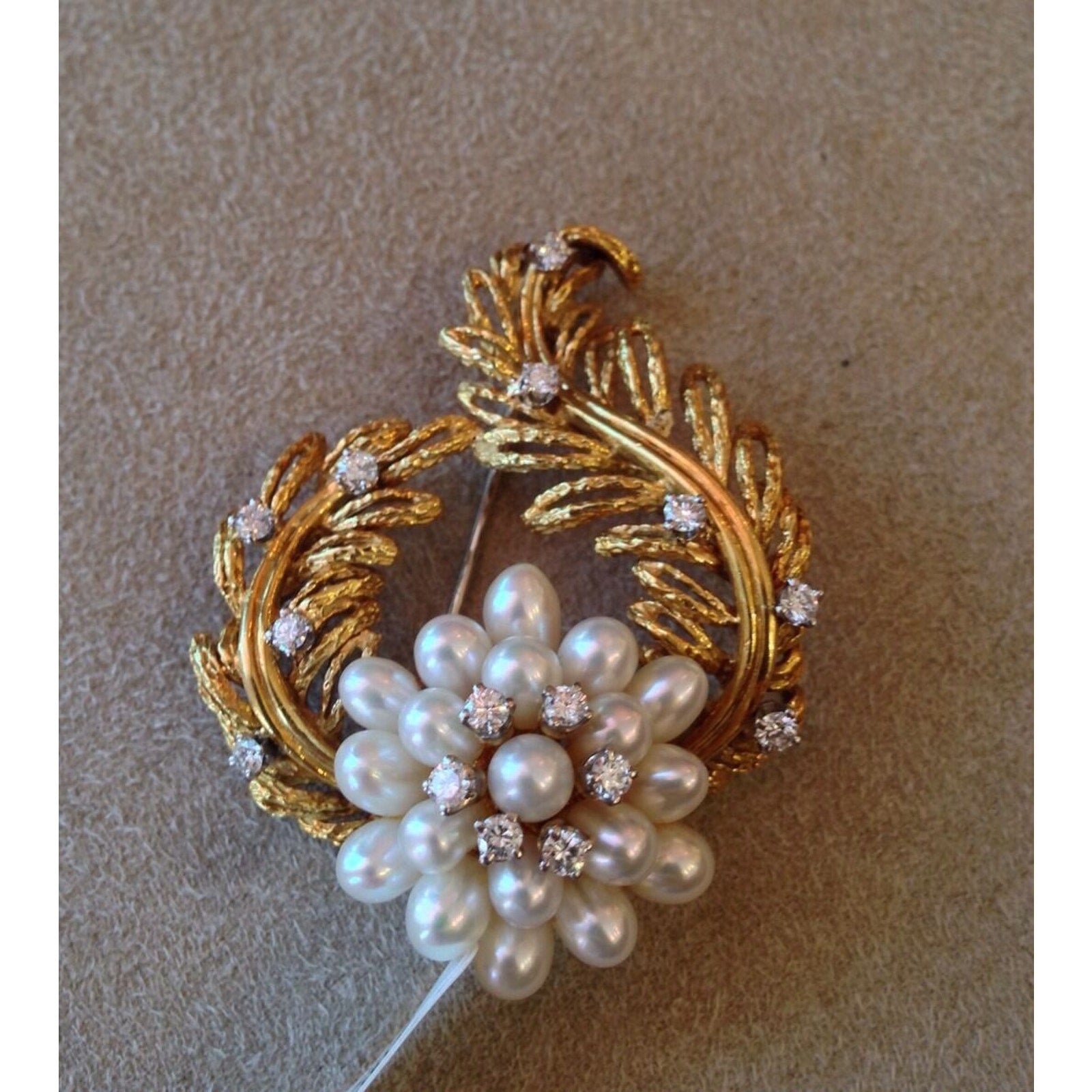 Le Triomphe Pearl & Diamond Floral Brooch / Pin in 18k Yellow Gold