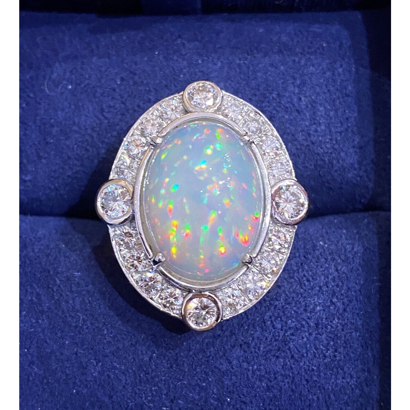 Large Ethiopian Opal Vintage Diamond Ring in 18k White Gold