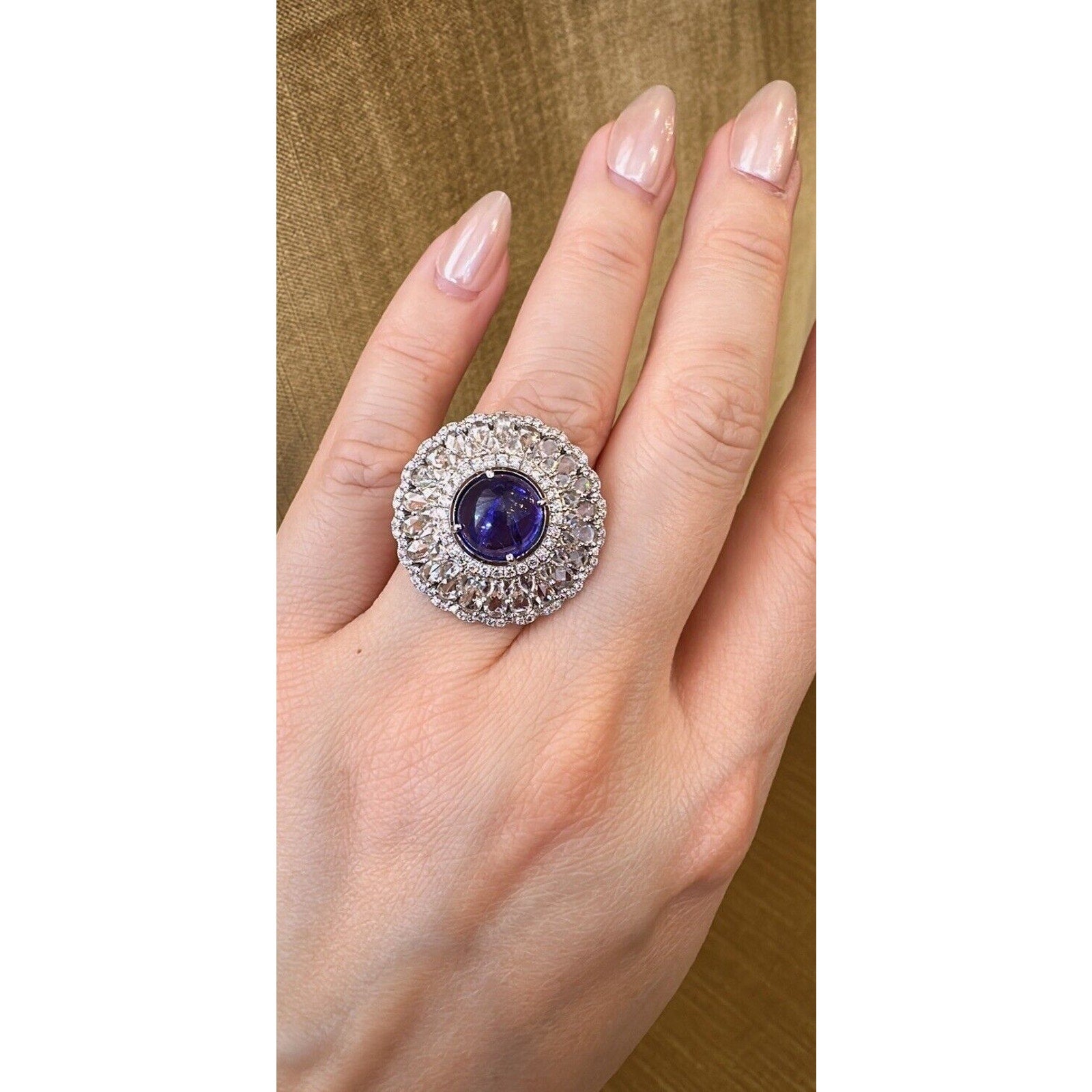 Tanzanite Cabochon and Rosecut Diamond Ring in 18k White Gold