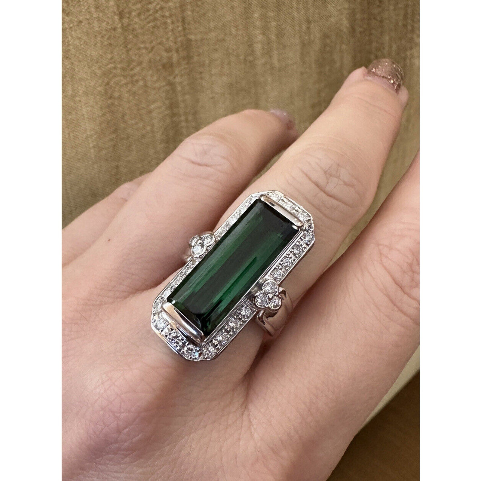 10.33 carat Elongated Green Tourmaline Ring w/ Diamonds in Platinum