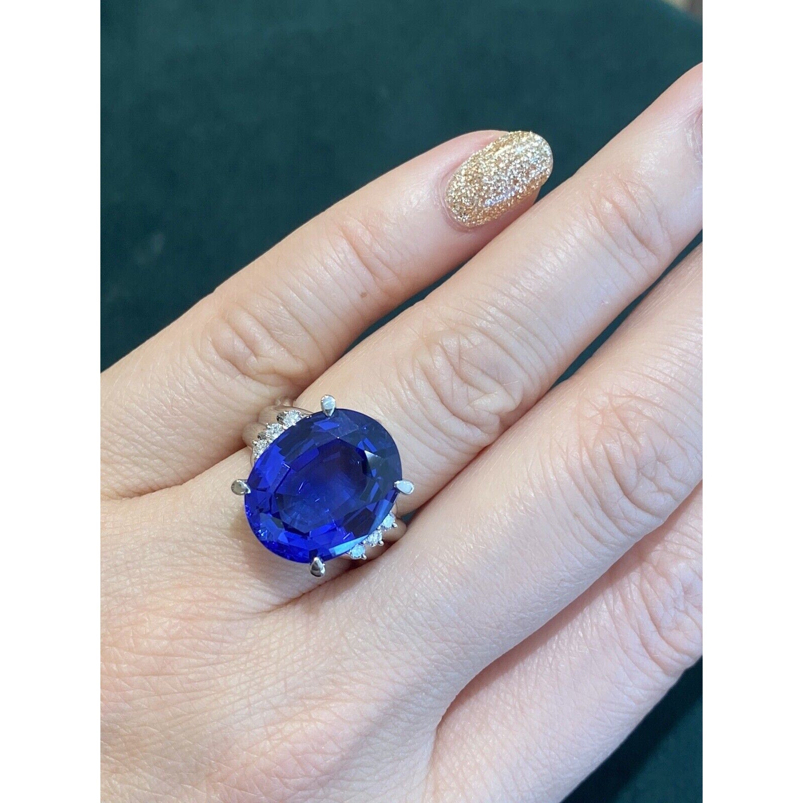 GIA 12.80 carats Oval Tanzanite & Diamond Cocktail Ring in Platinum - HM2171B