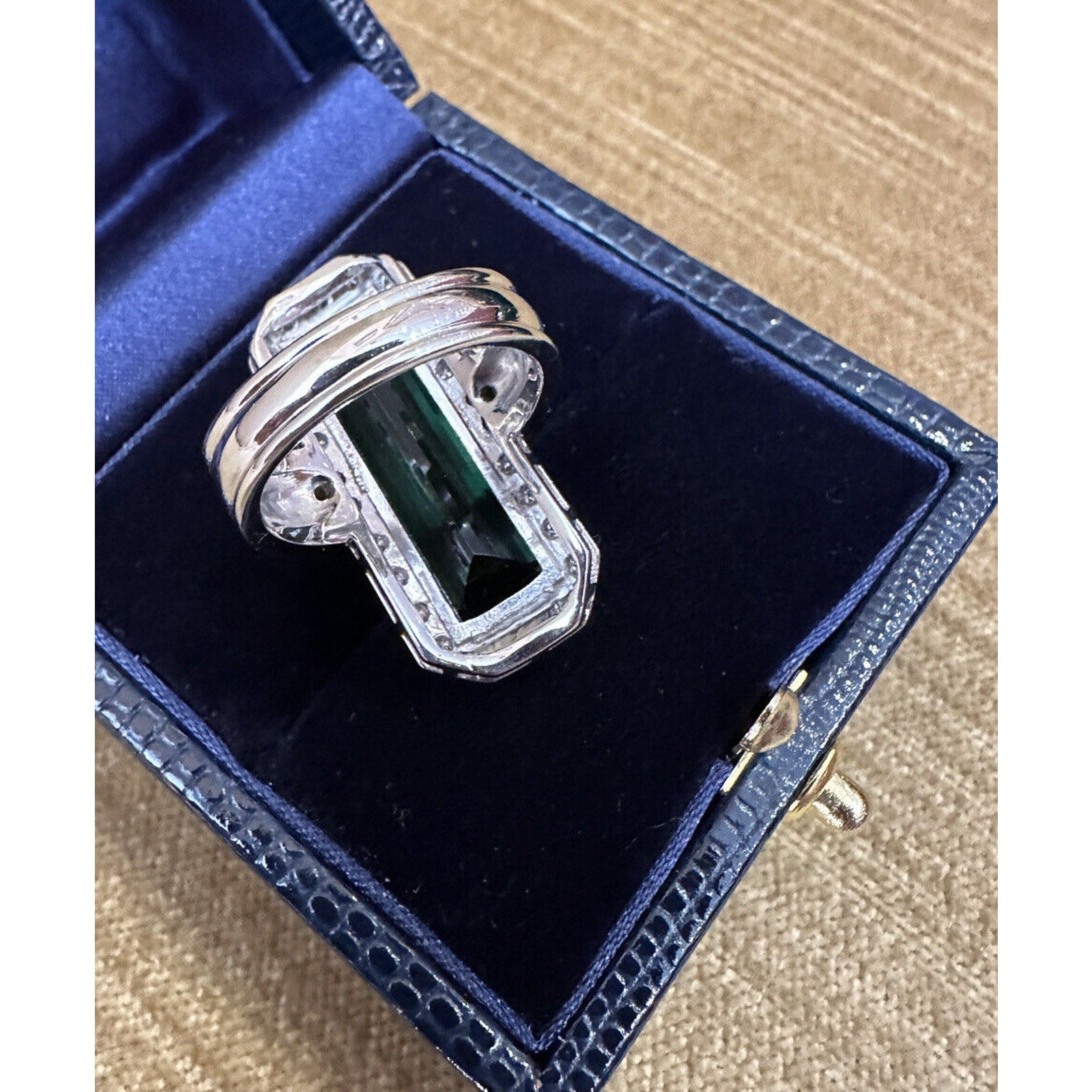 10.33 carat Elongated Green Tourmaline Ring w/ Diamonds in Platinum