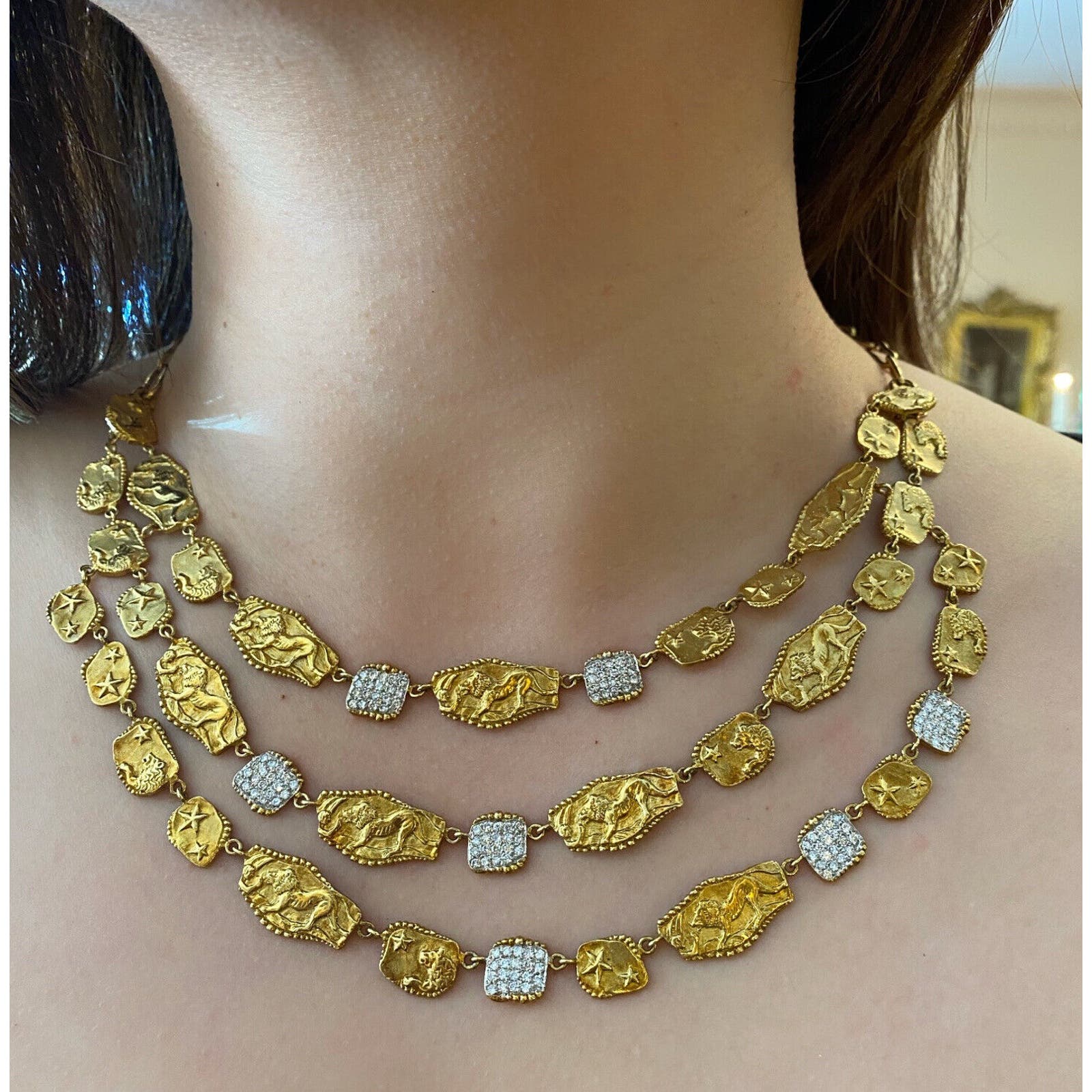 Seiden Gang Lion Motif Triple Strand Diamond Necklace 18k Yellow Gold -HM2302V