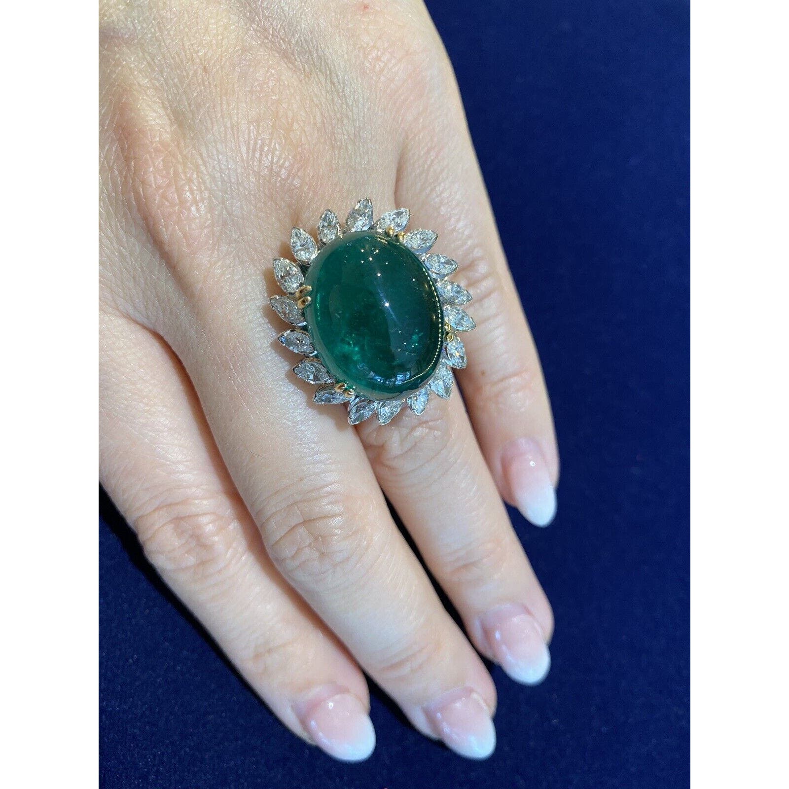 GIA 29.20 ct Natural Cabochon Emerald Ring w/ Marquise Diamonds in Plat-HM2363A4