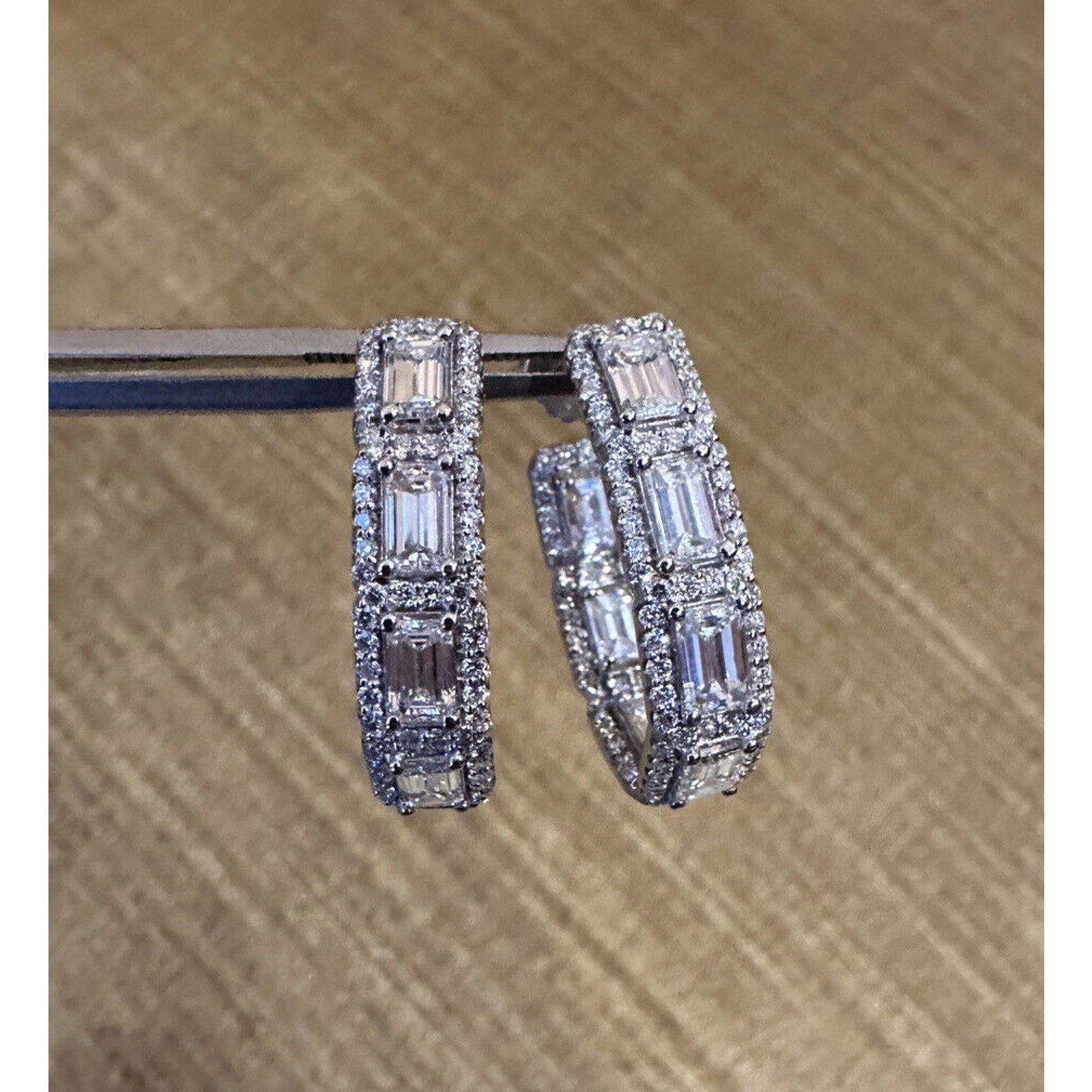 Emerald Cut & Round Diamond Hoop Earrings in 18k White Gold - HM2527BA
