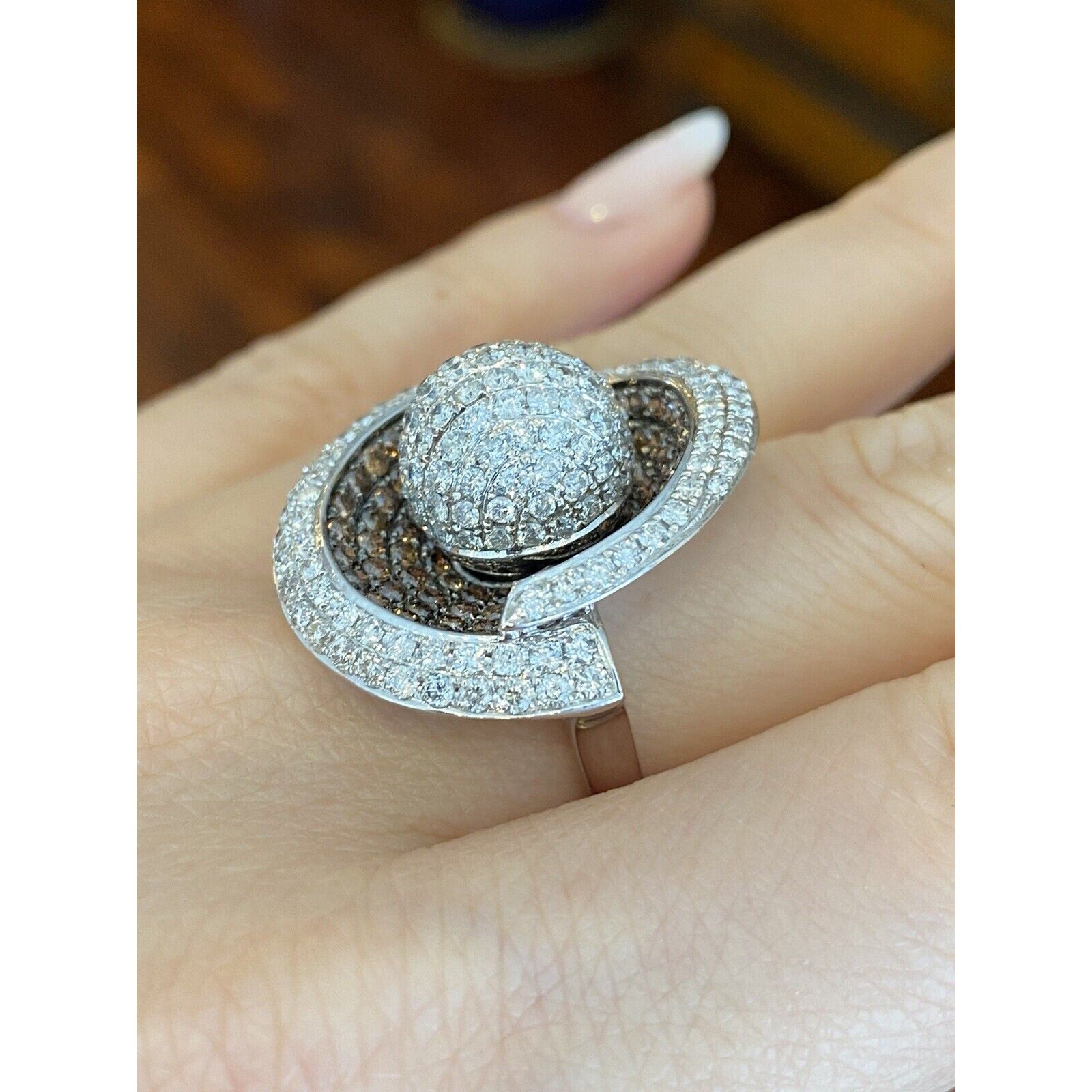 Large Pave Ball Ring with Brown and White Diamonds in 18k White Gold