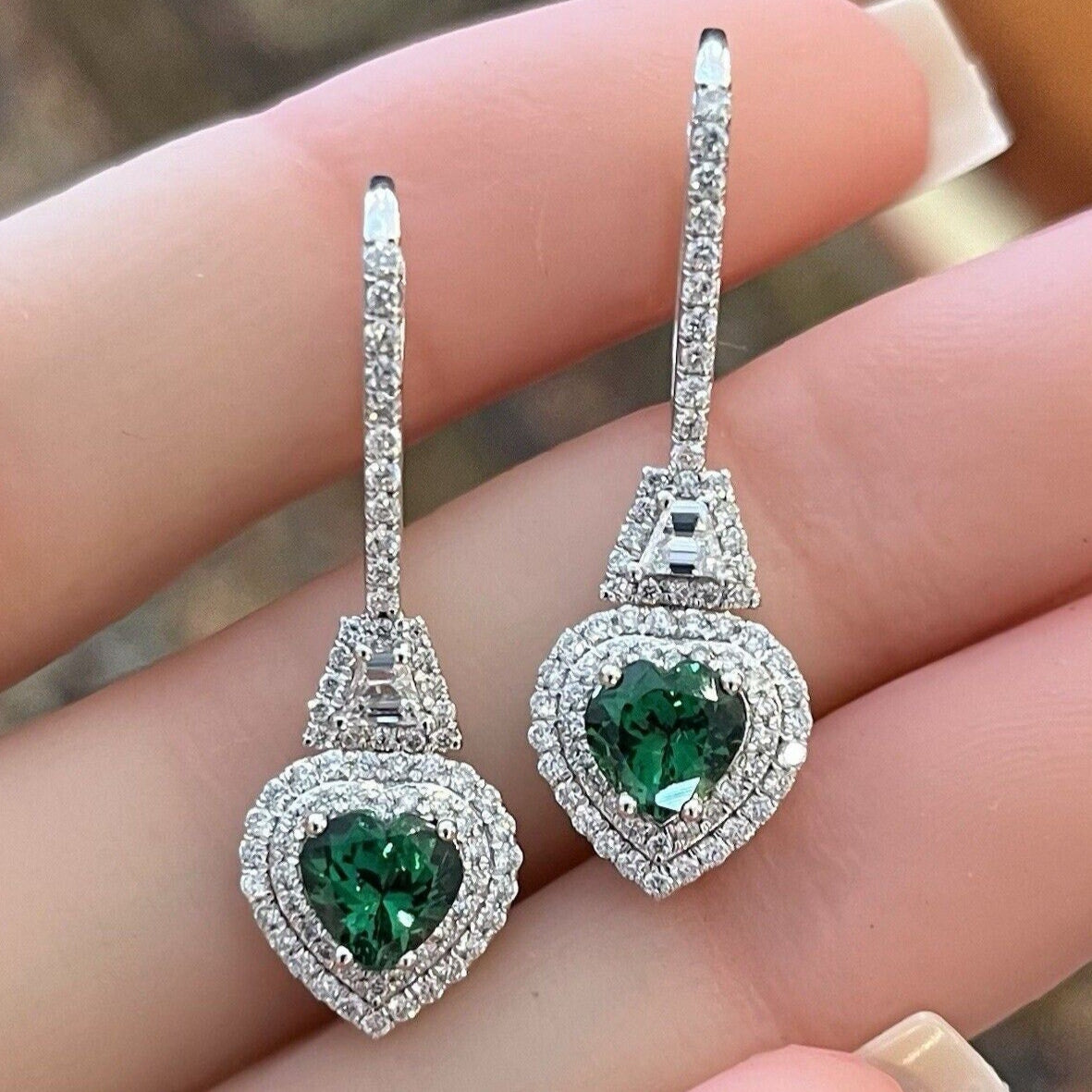 Tsavorite Garnet Hearts and Diamond Drop Earrings in 18k White Gold