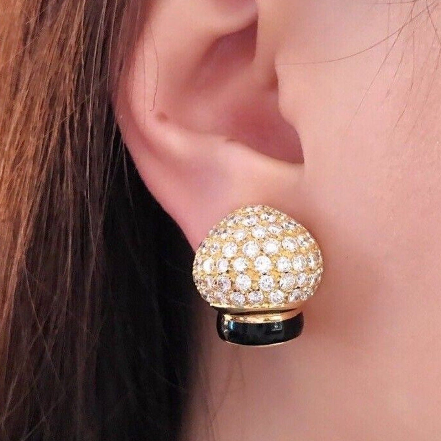 Pave Diamond Dome Earrings with Black Enamel in 18k Yellow Gold