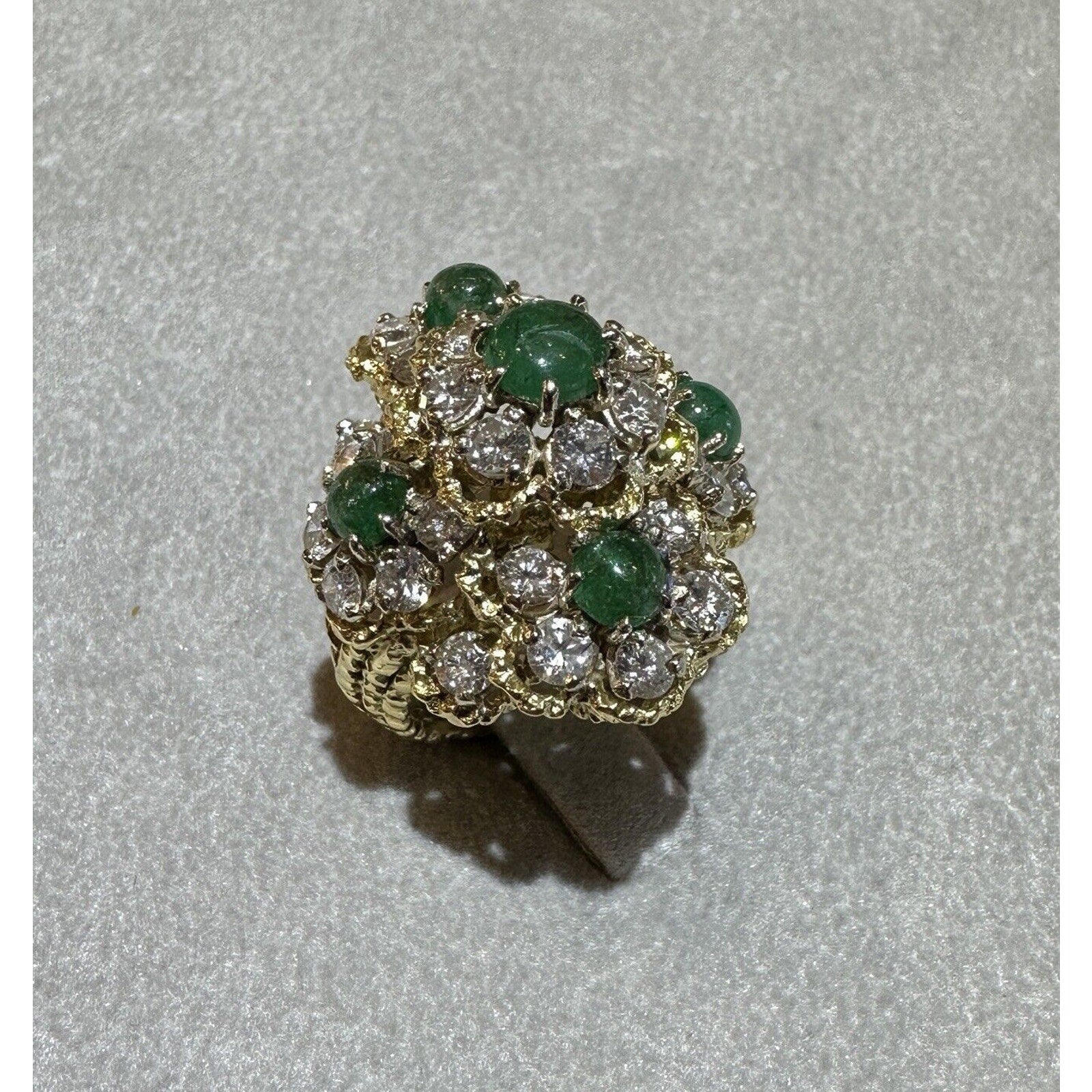 Estate Emerald and Diamond Floret Dome Ring in 18k Yellow Gold