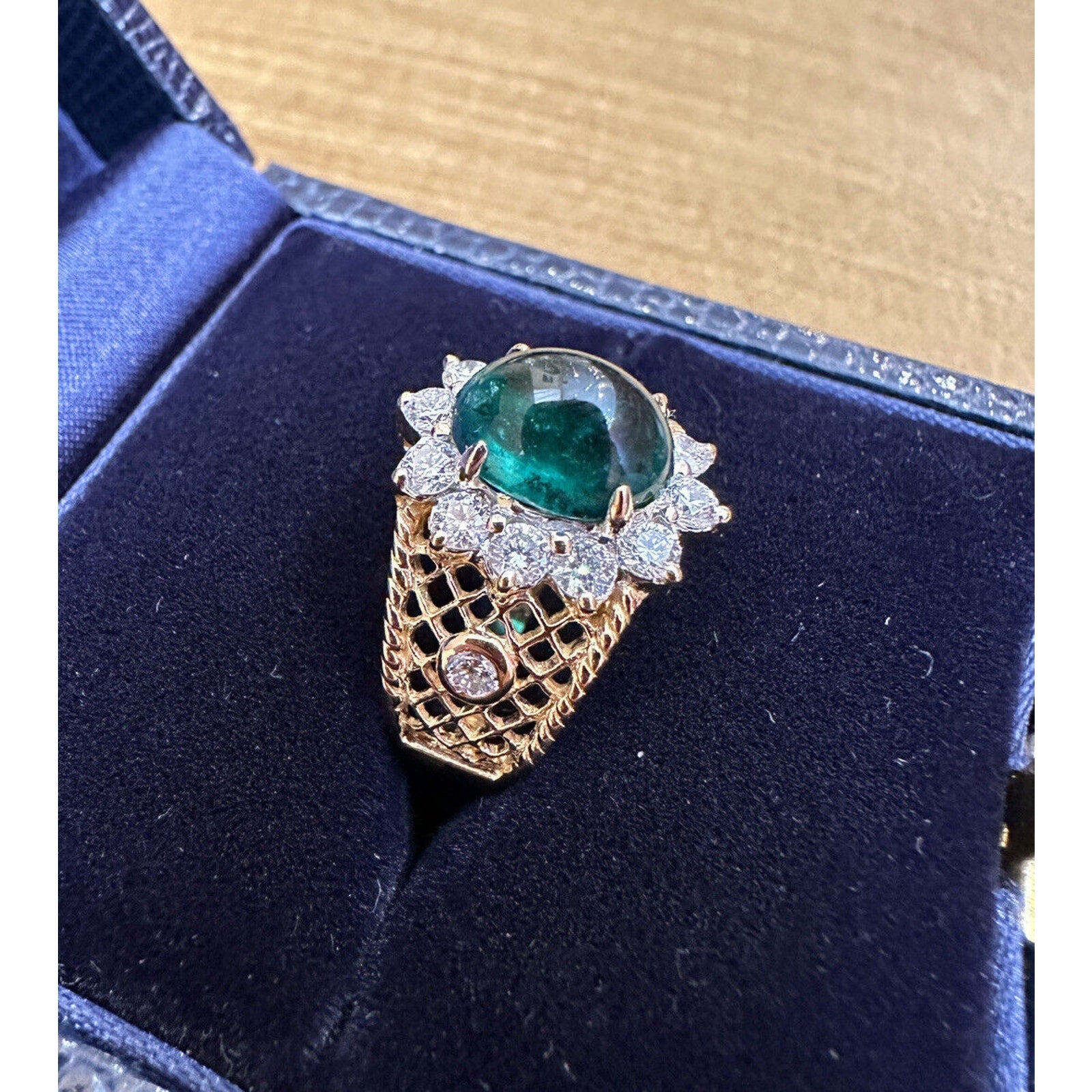 Estate 2.27 carat Emerald Cabochon with Diamond Halo in 18k Yellow Gold