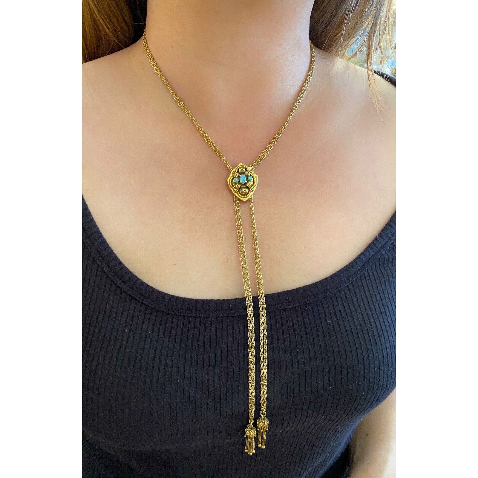 Vintage 28" Slide Tassel Necklace with Opals in 14k Yellow Gold