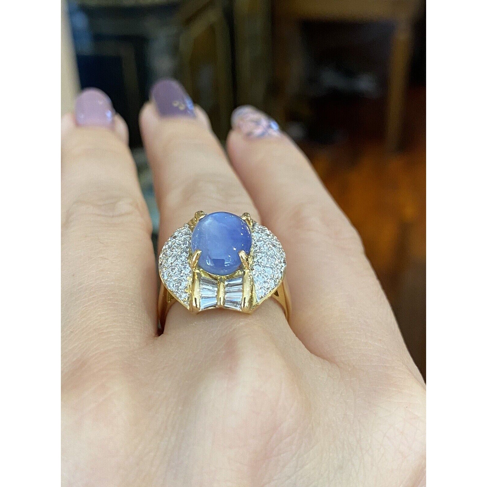 6.24 carat Oval Star Sapphire with Pave Diamonds in 18k Yellow Gold