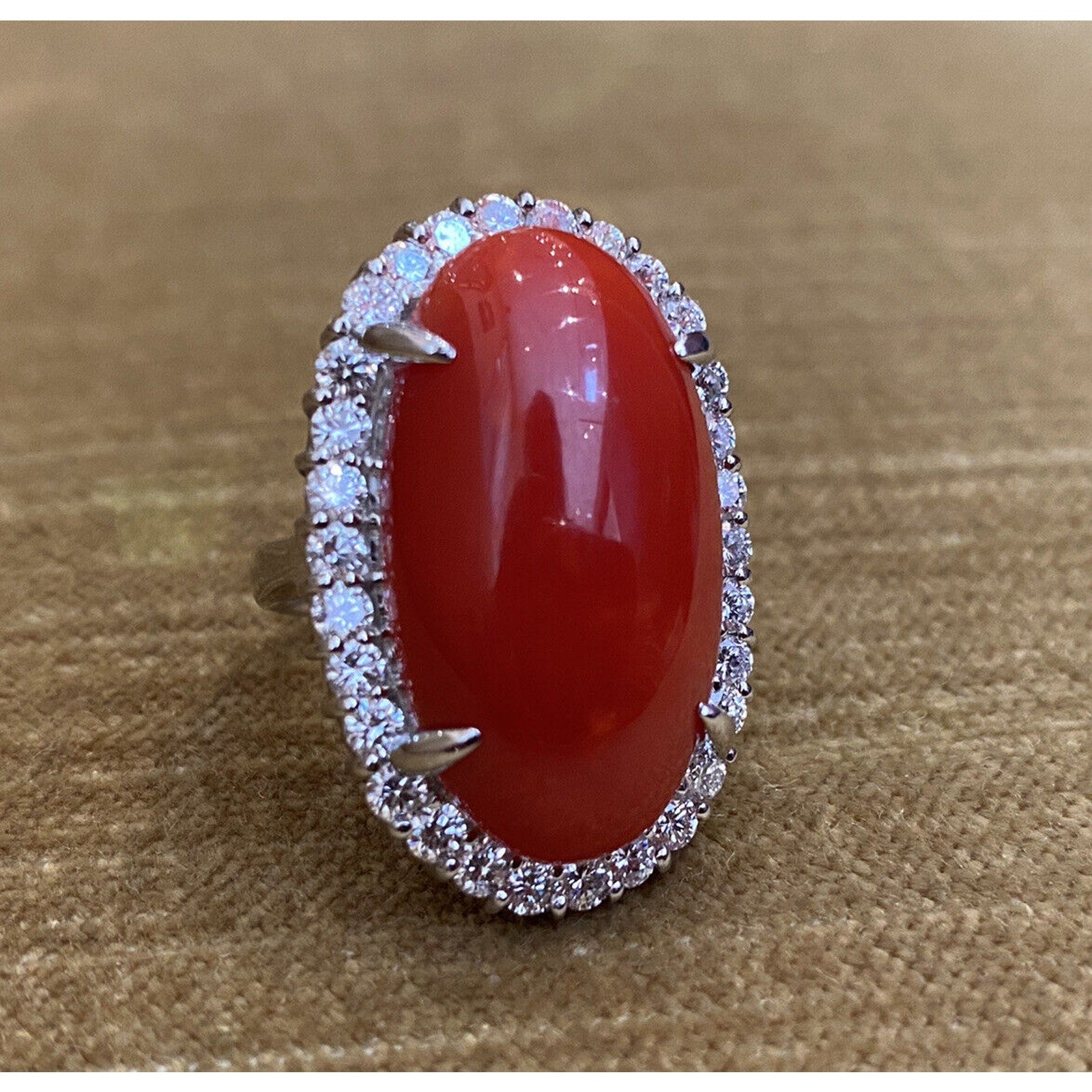 Estate 22.95 cts Red Coral and Diamond Large Cocktail Ring in Platinum -HM2318AA