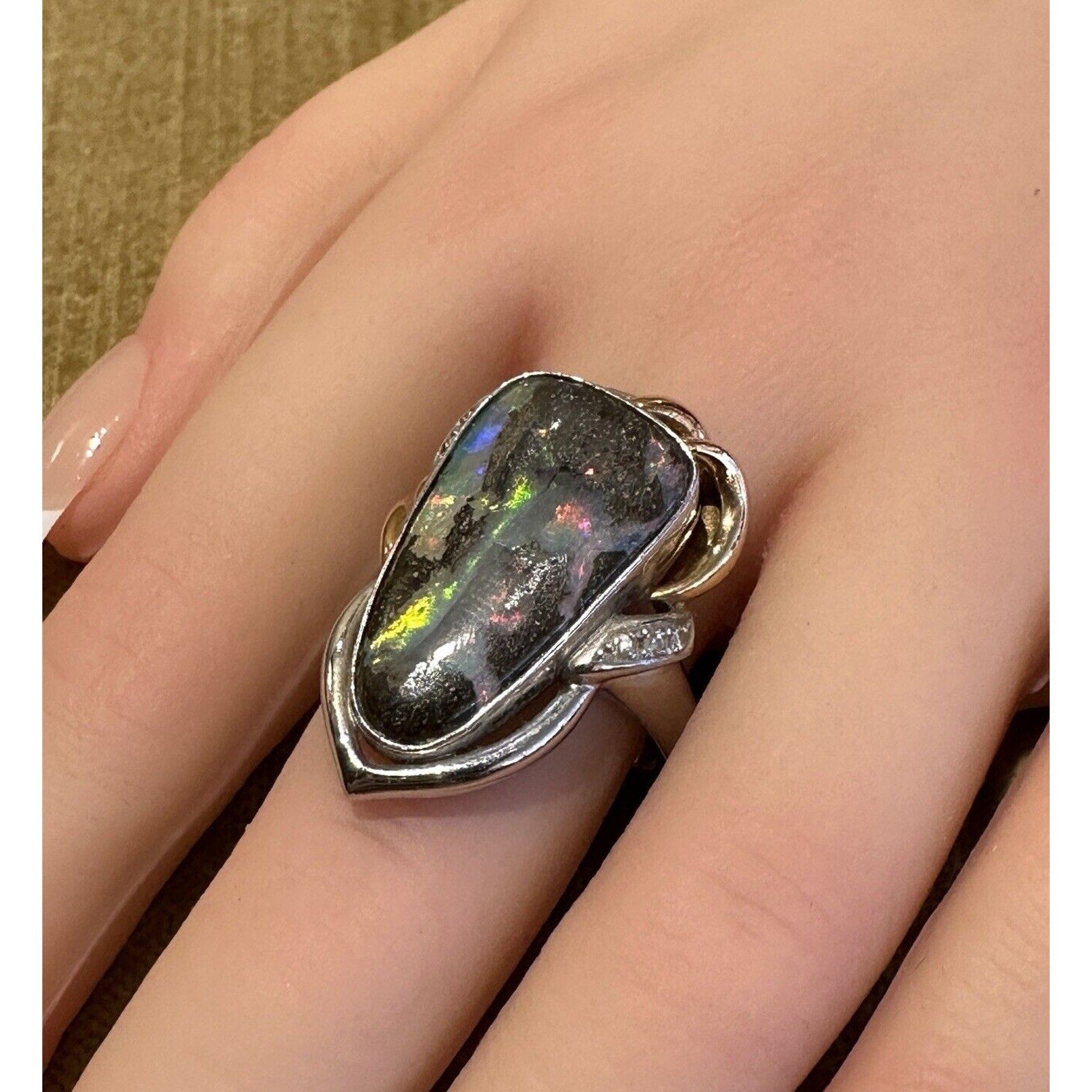 Boulder Opal and Diamond Ring in 18k Yellow Gold and Platinum