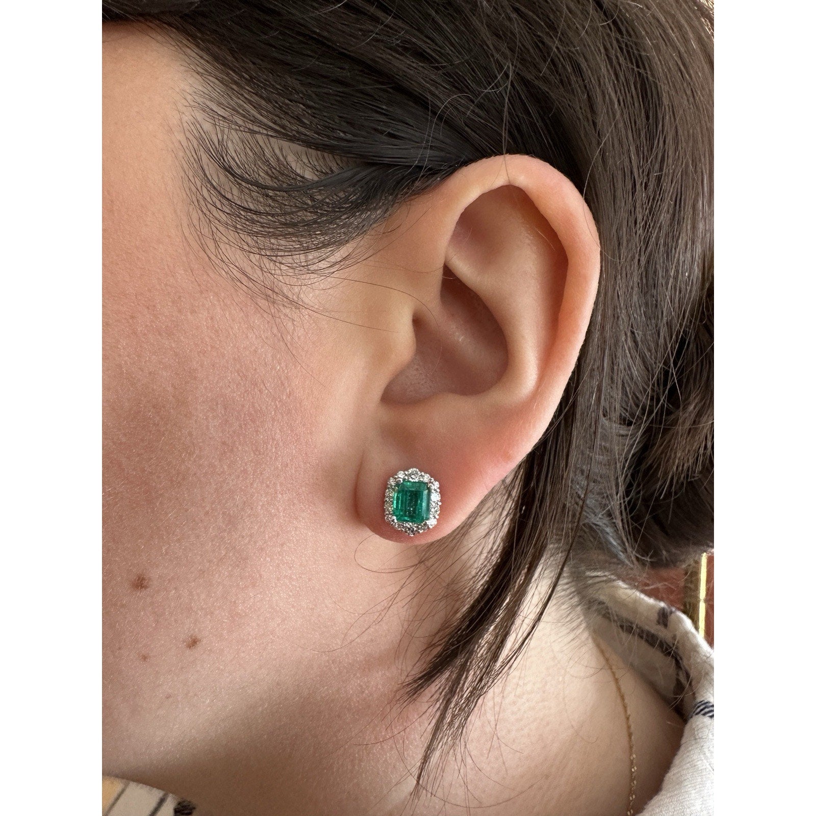 Natural Emerald Stud Earrings w Diamond Halo in Plat/18k White Gold