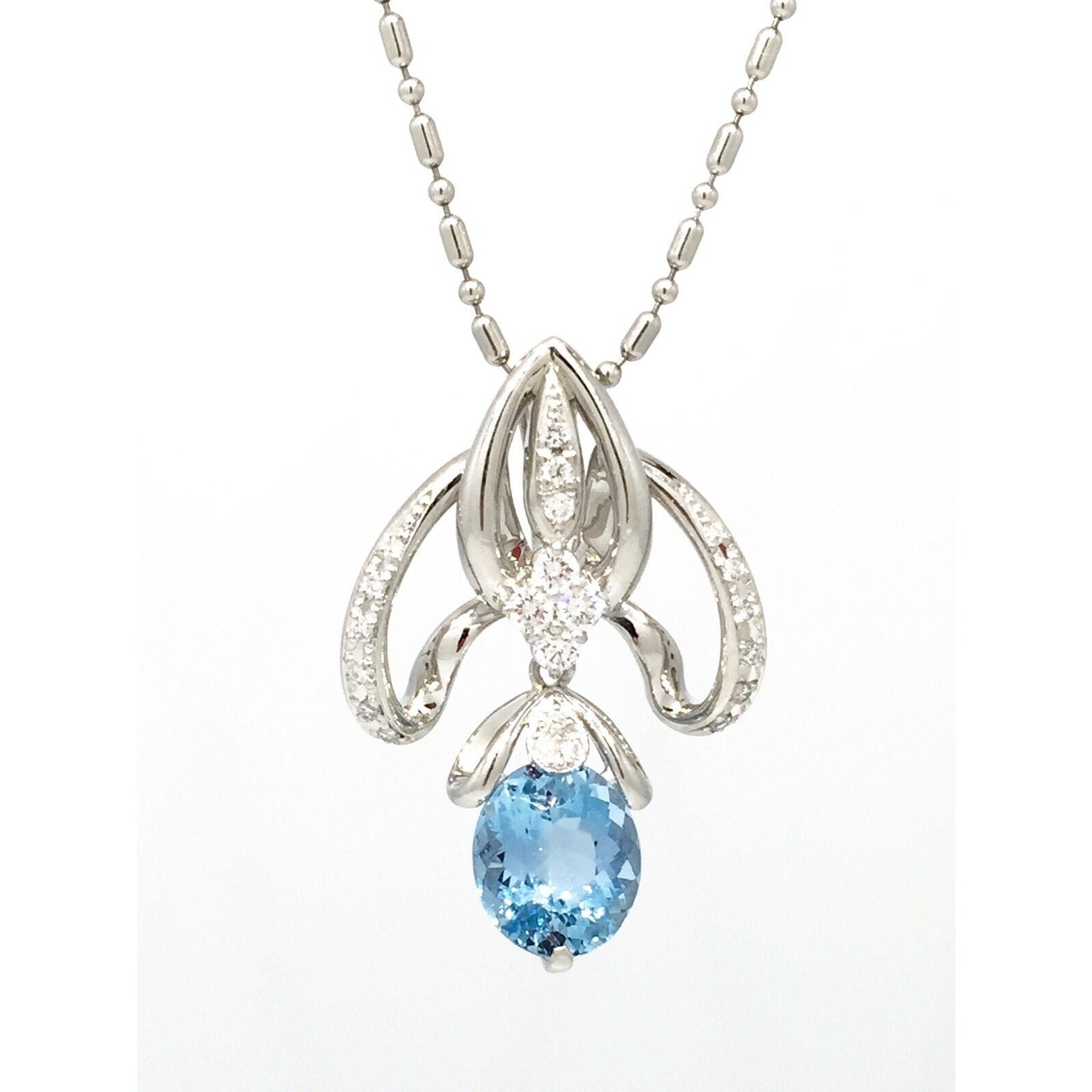 Oval Aquamarine and Diamond Pendant Necklace 24 inch in Platinum