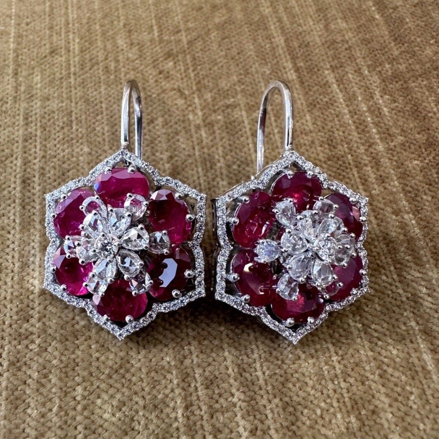 Ruby and Diamond Star-shaped Drop Earrings in 18K White Gold