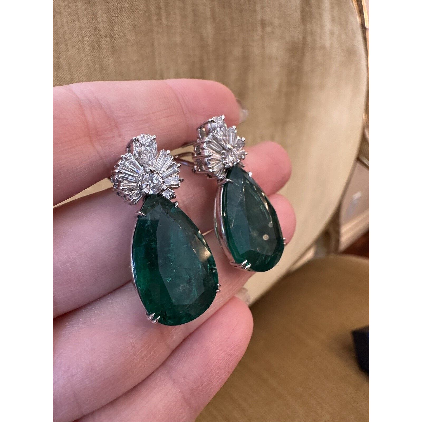 GIA Pear Emeralds 31.17 cttw and Diamond Earrings in 18k White Gold - HM2483B