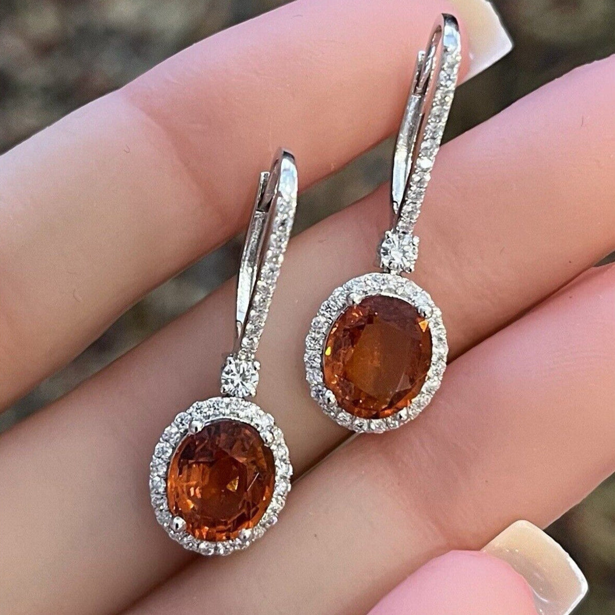 Spessartite Garnet and Diamond Drop Earrings in 18k White Gold