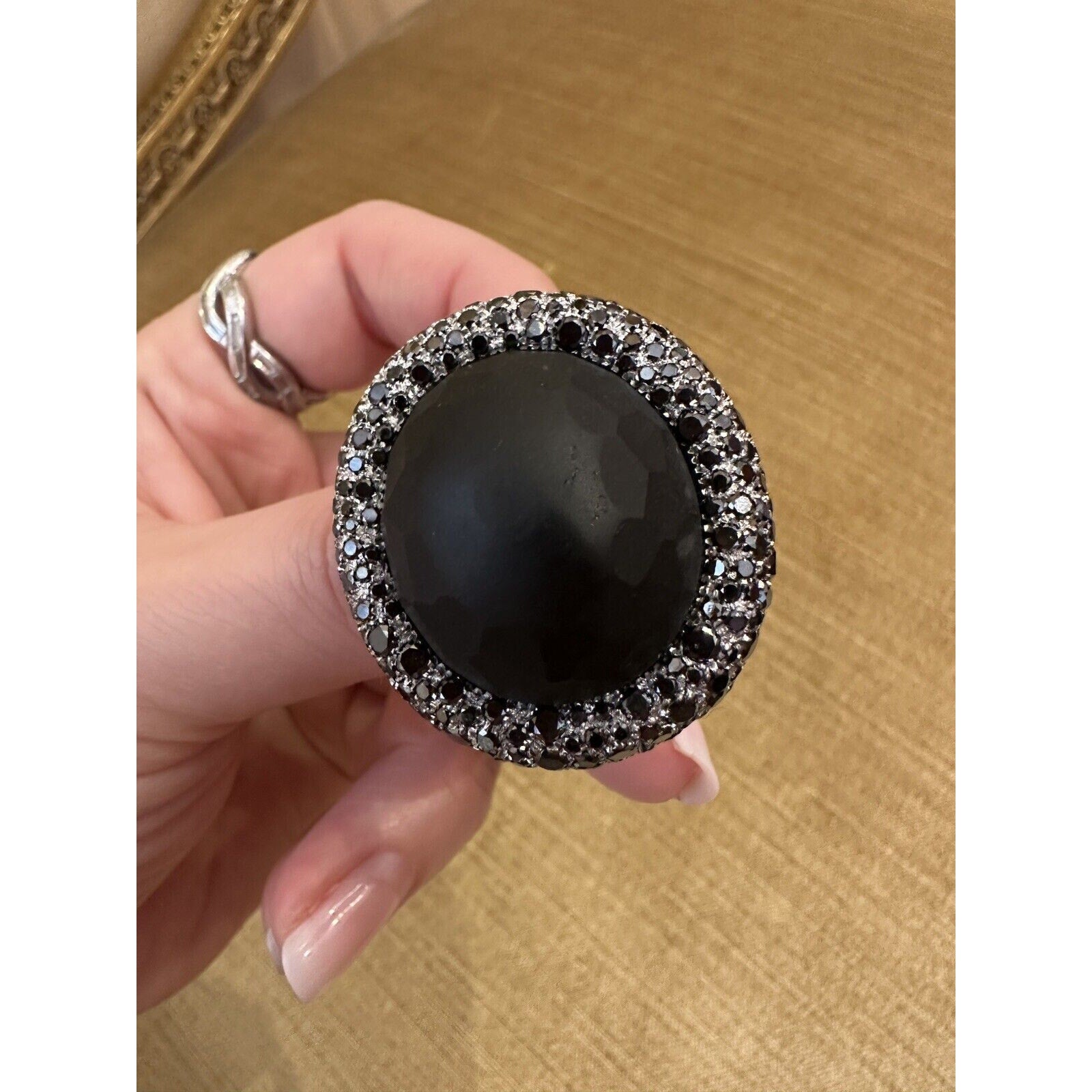 Pave Black Diamond and Obsidian Statement Ring in 18k White Gold-HM1799EE