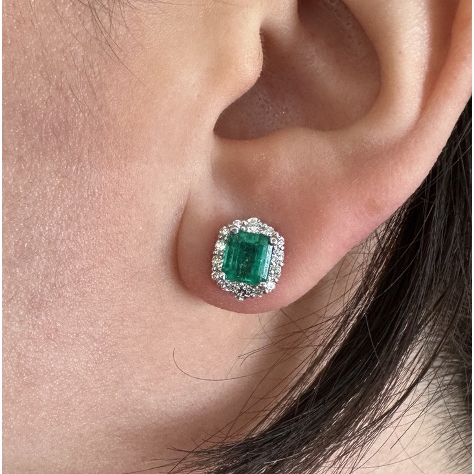 Natural Emerald Stud Earrings w Diamond Halo in Plat/18k White Gold