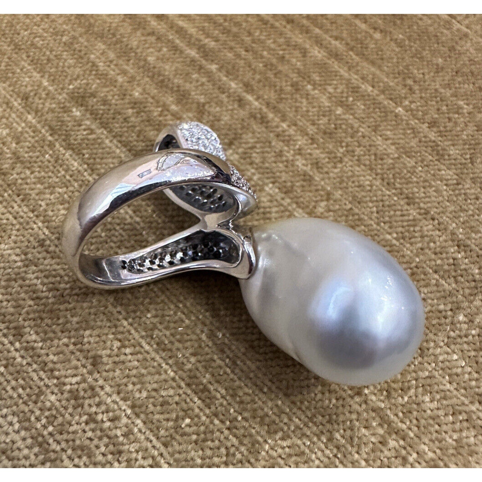 Large Baroque Pearl & Diamond Crossover Cocktail Ring in 18k White Gold