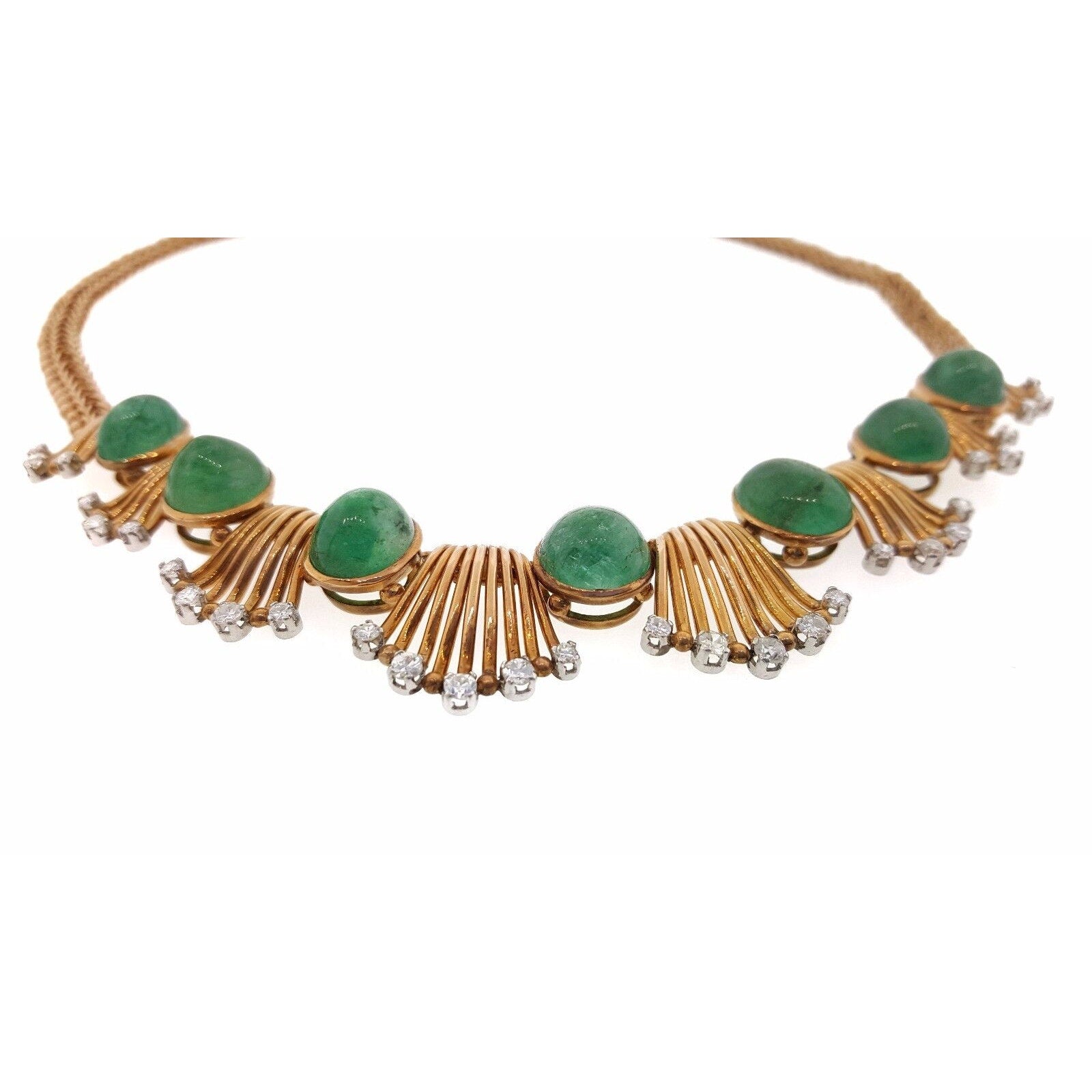 Retro Emerald Cabochon & Diamond Necklace in 18K Rose Gold